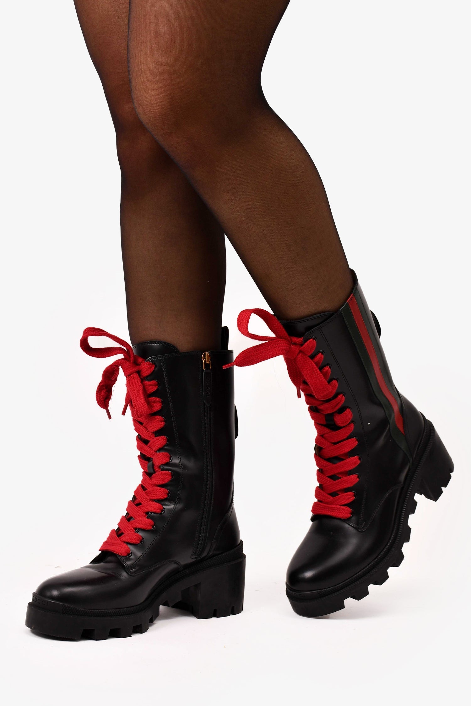 Gucci Black Leather Web Striped Heeled Combat Boots Size 38