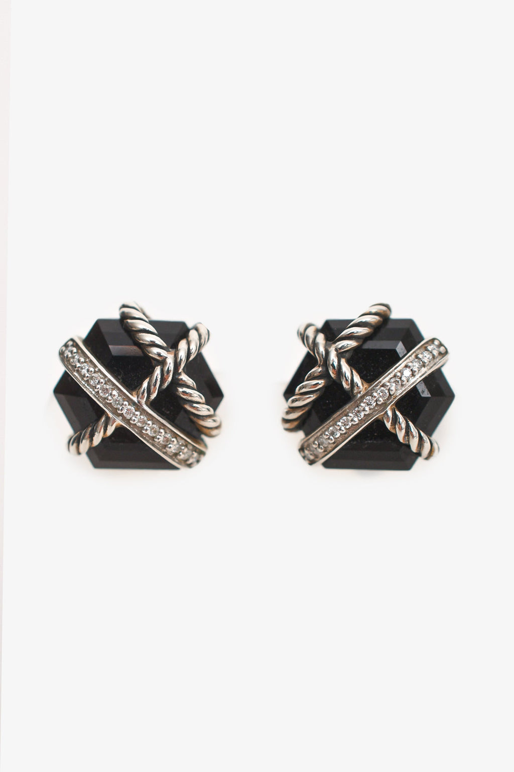 David Yurman Sterling Silver Black Onyx Pave Set Diamond Earrings
