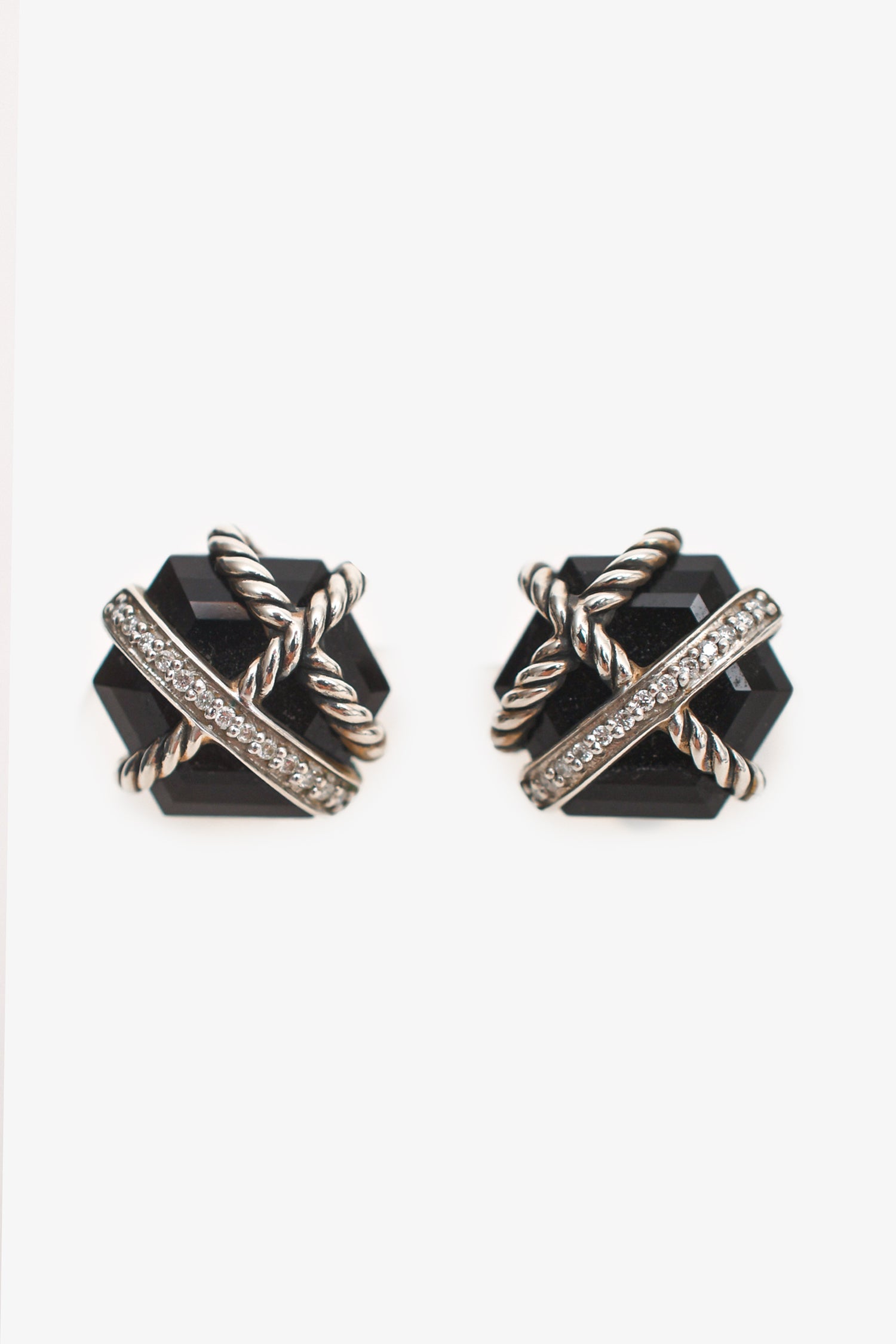 David Yurman Sterling Silver Black Onyx Pave Set Diamond Earrings