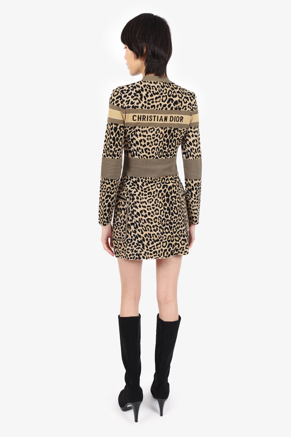 Christian Dior Leopard Print Zip-Up Long Sleeve Dress Size 2