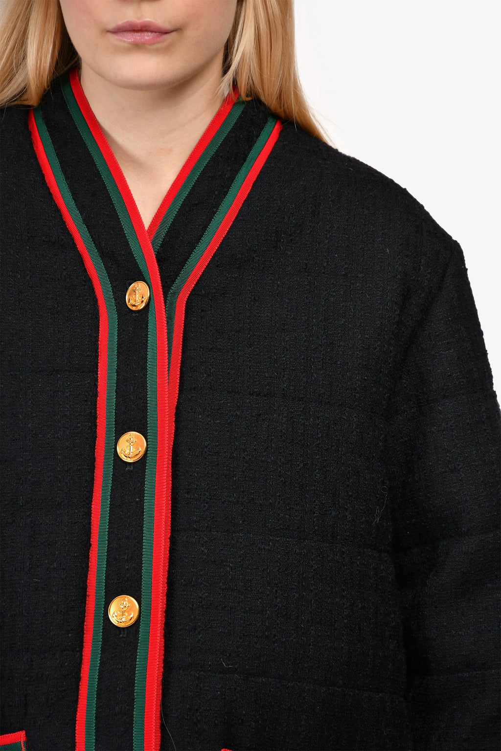 Gucci Black Red/Green Trim Detail Padded Tweed Coat Size 44