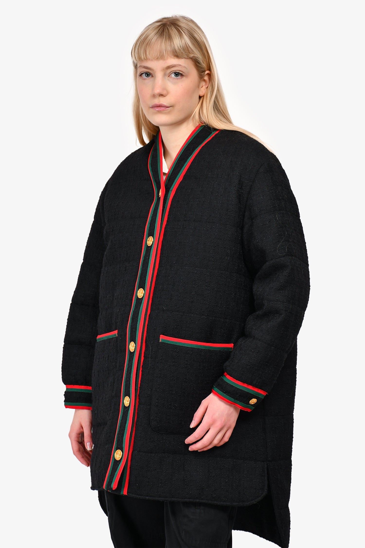 Gucci Black Red/Green Trim Detail Padded Tweed Coat Size 44