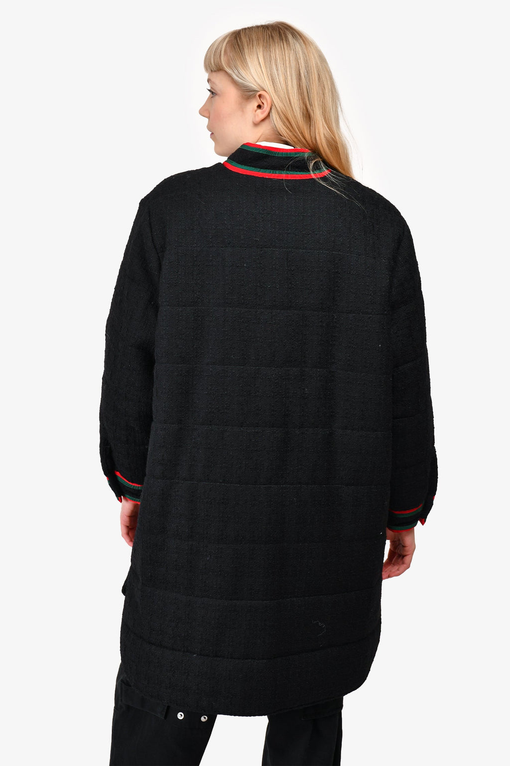 Gucci Black Red/Green Trim Detail Padded Tweed Coat Size 44