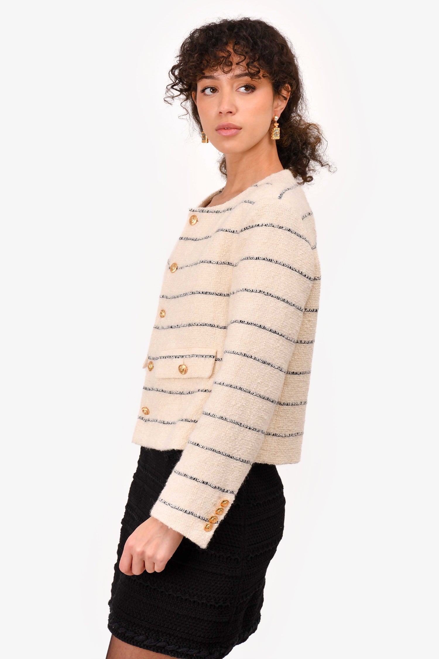 Celine White/Black Striped Wool/Silk Gold Buttoned Jacket Size 36