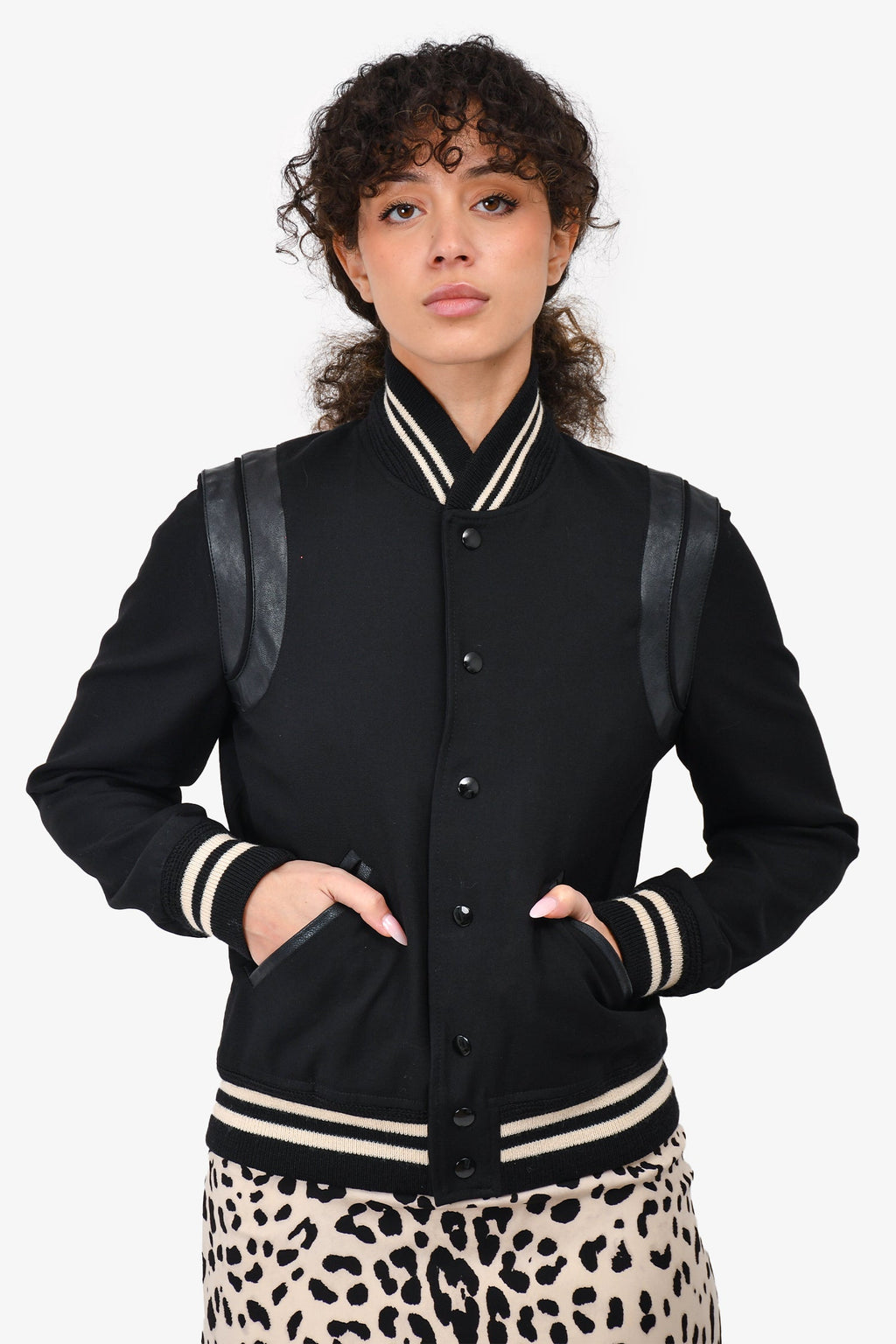 Saint Laurent Black Leather Trimmed Varsity Jacket Size 38