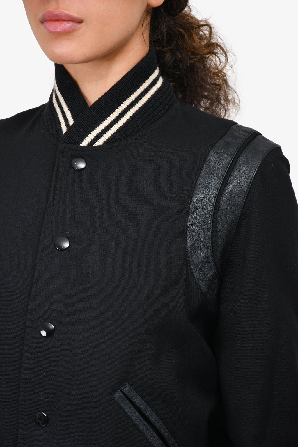 Saint Laurent Black Leather Trimmed Varsity Jacket Size 38