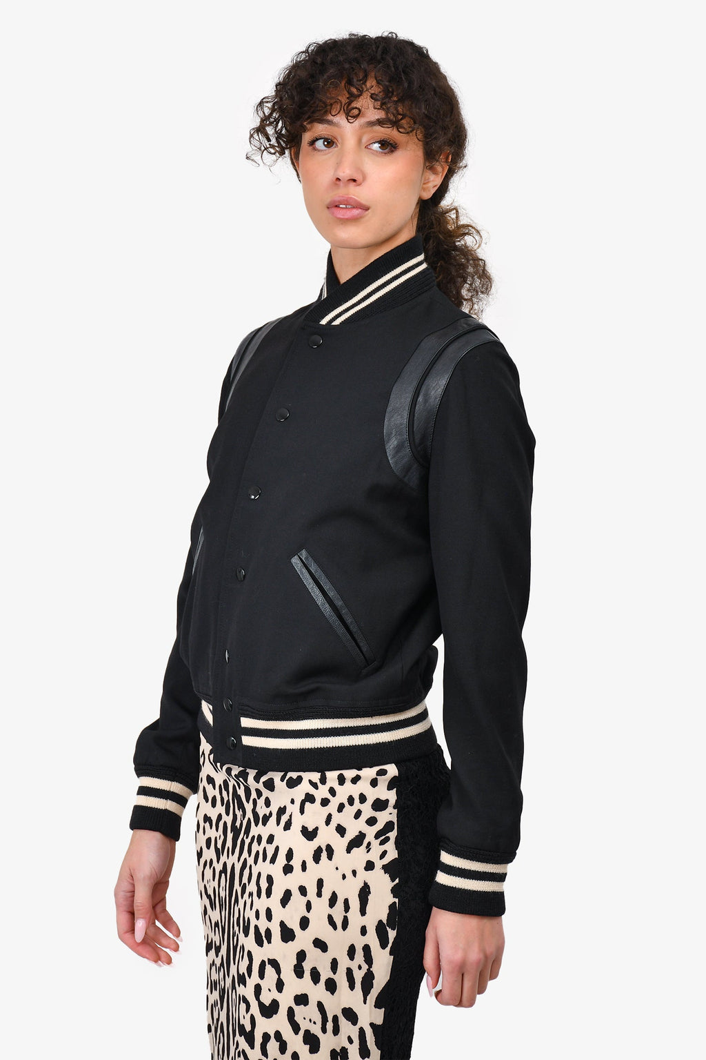 Saint Laurent Black Leather Trimmed Varsity Jacket Size 38