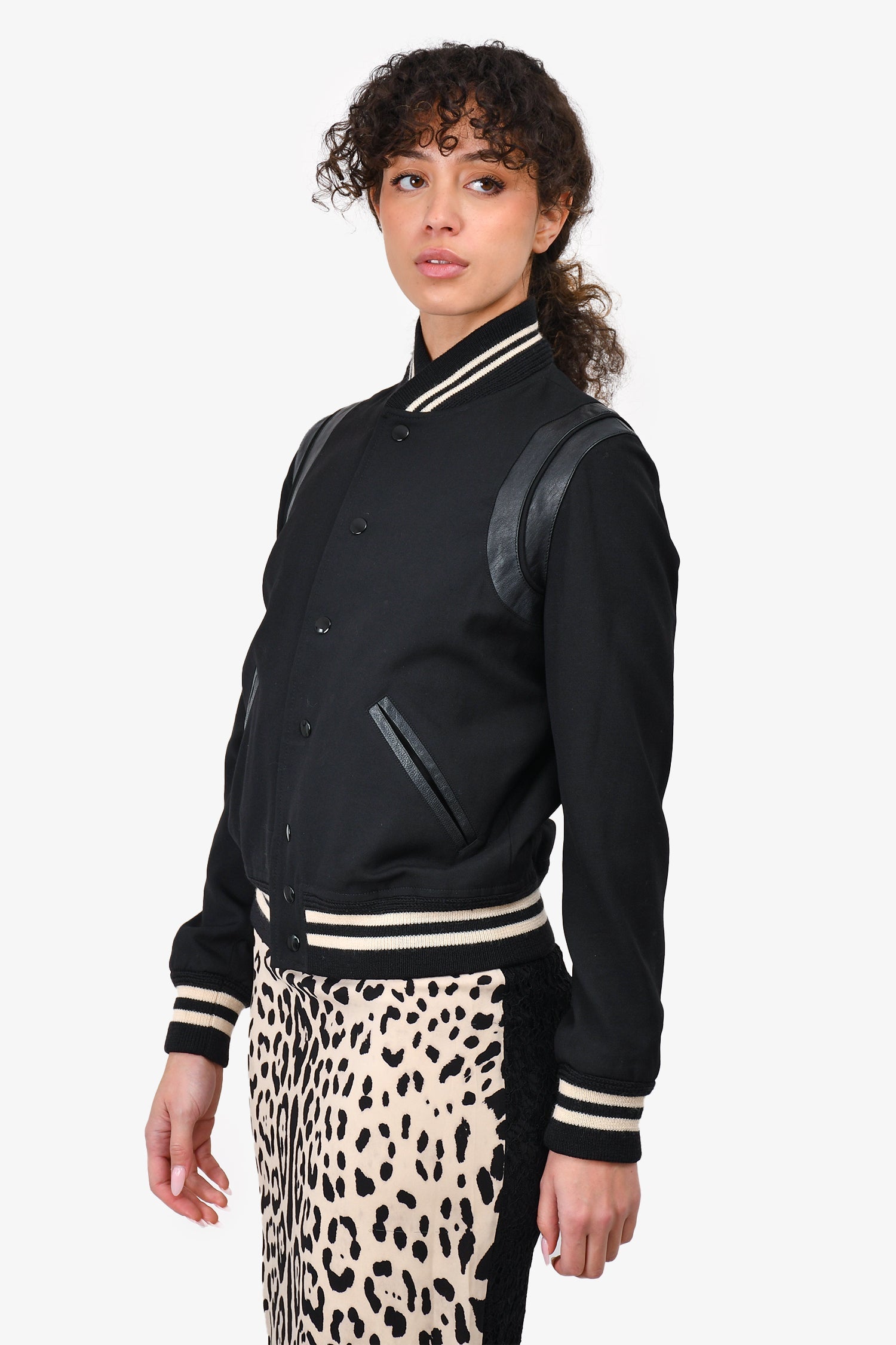 Saint Laurent Black Leather Trimmed Varsity Jacket Size 38