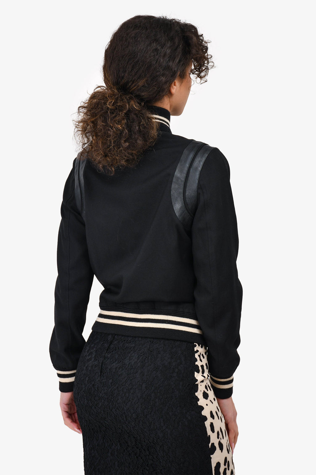 Saint Laurent Black Leather Trimmed Varsity Jacket Size 38