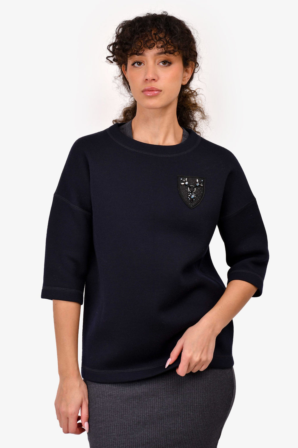 Christian Dior Navy Virgin Wool Emblem Crew Neck Quarter Sleeve Sweatshirt Size 2
