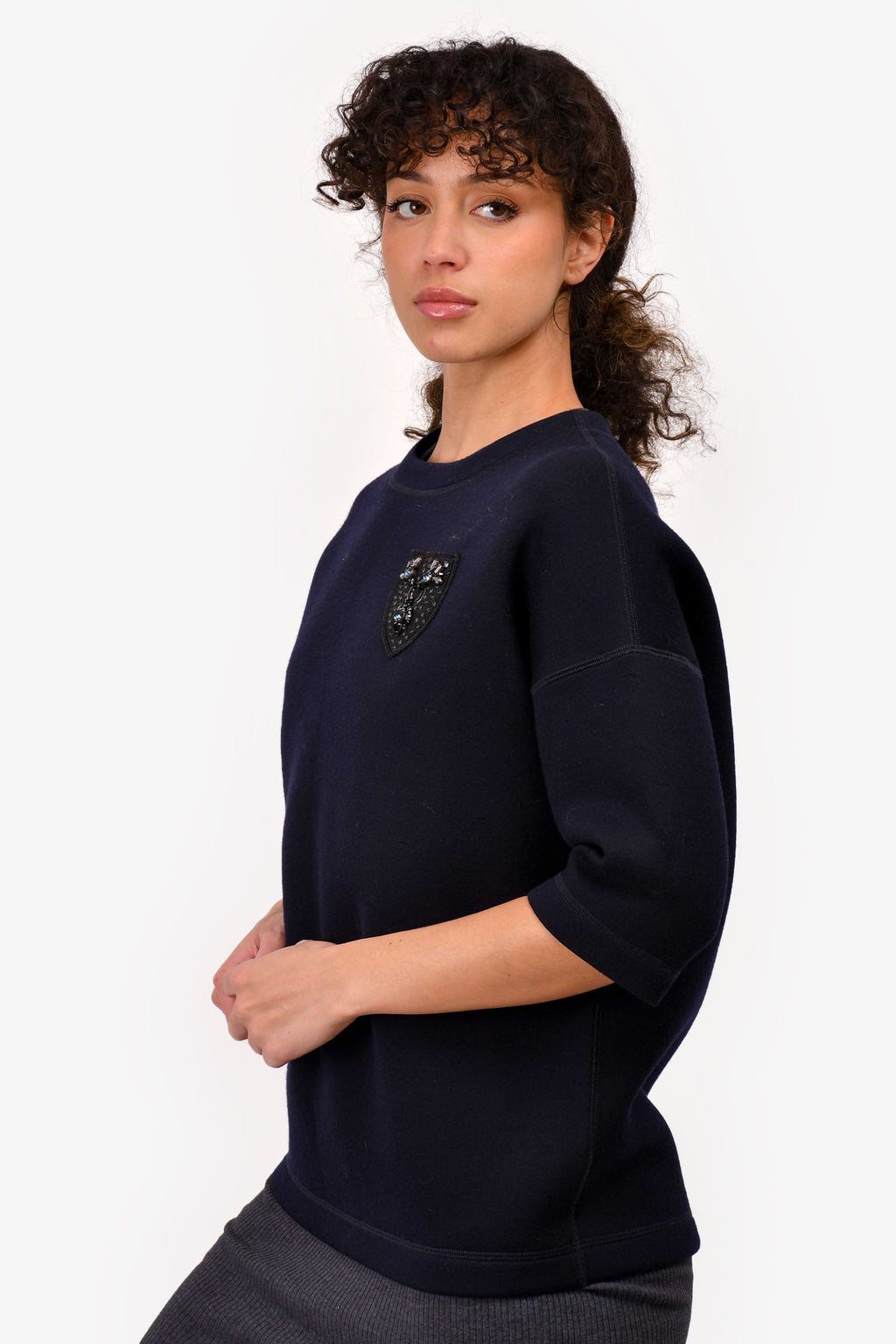 Christian Dior Navy Virgin Wool Emblem Crew Neck Quarter Sleeve Sweatshirt Size 2