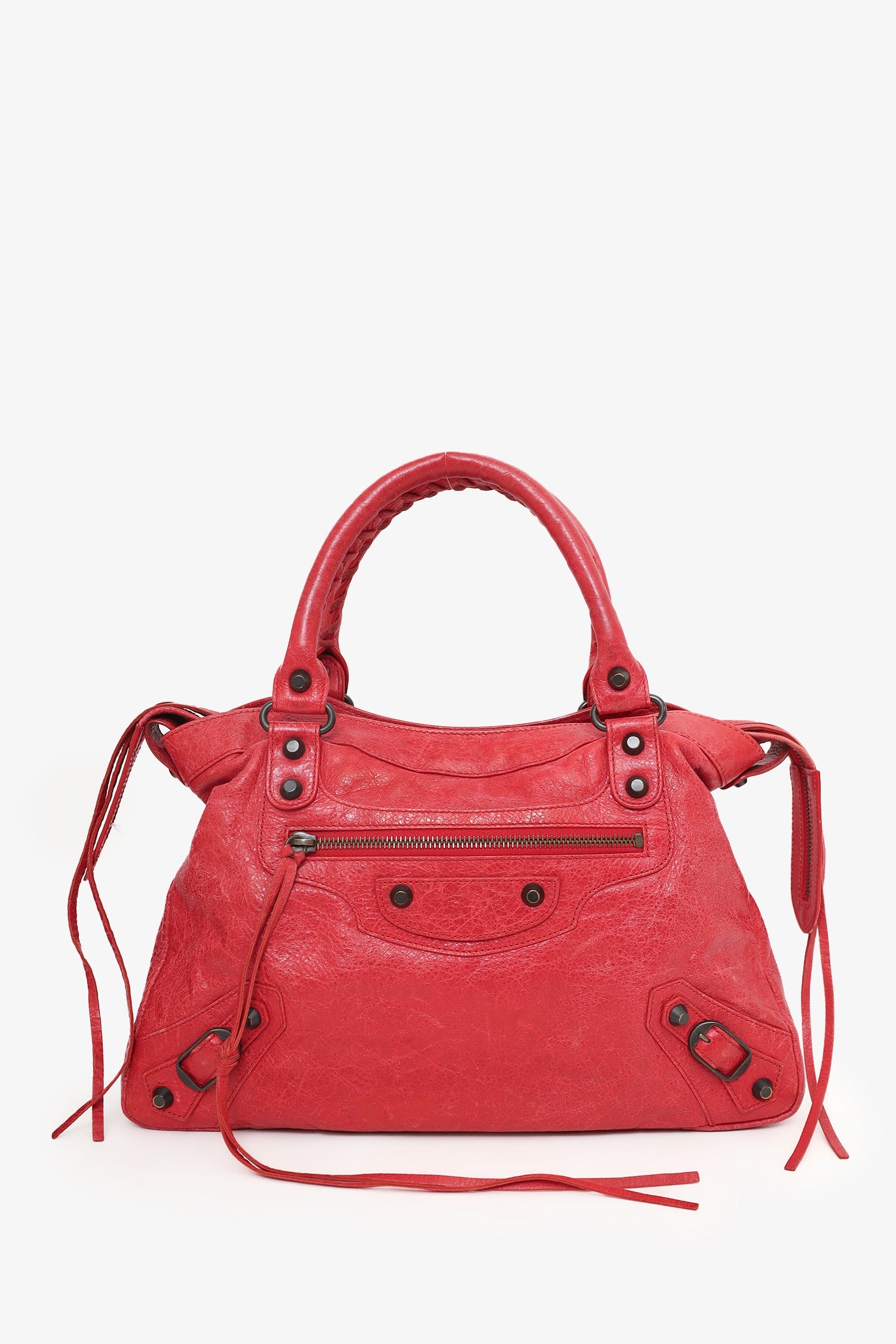 Balenciaga Red Lambskin Leather Giant 12 Motorcycle Town Bag with Strap