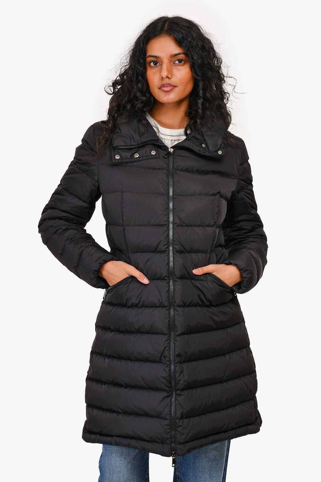 Moncler Black Quilted Mid Length 'Flammette' Down Jacket Size 2