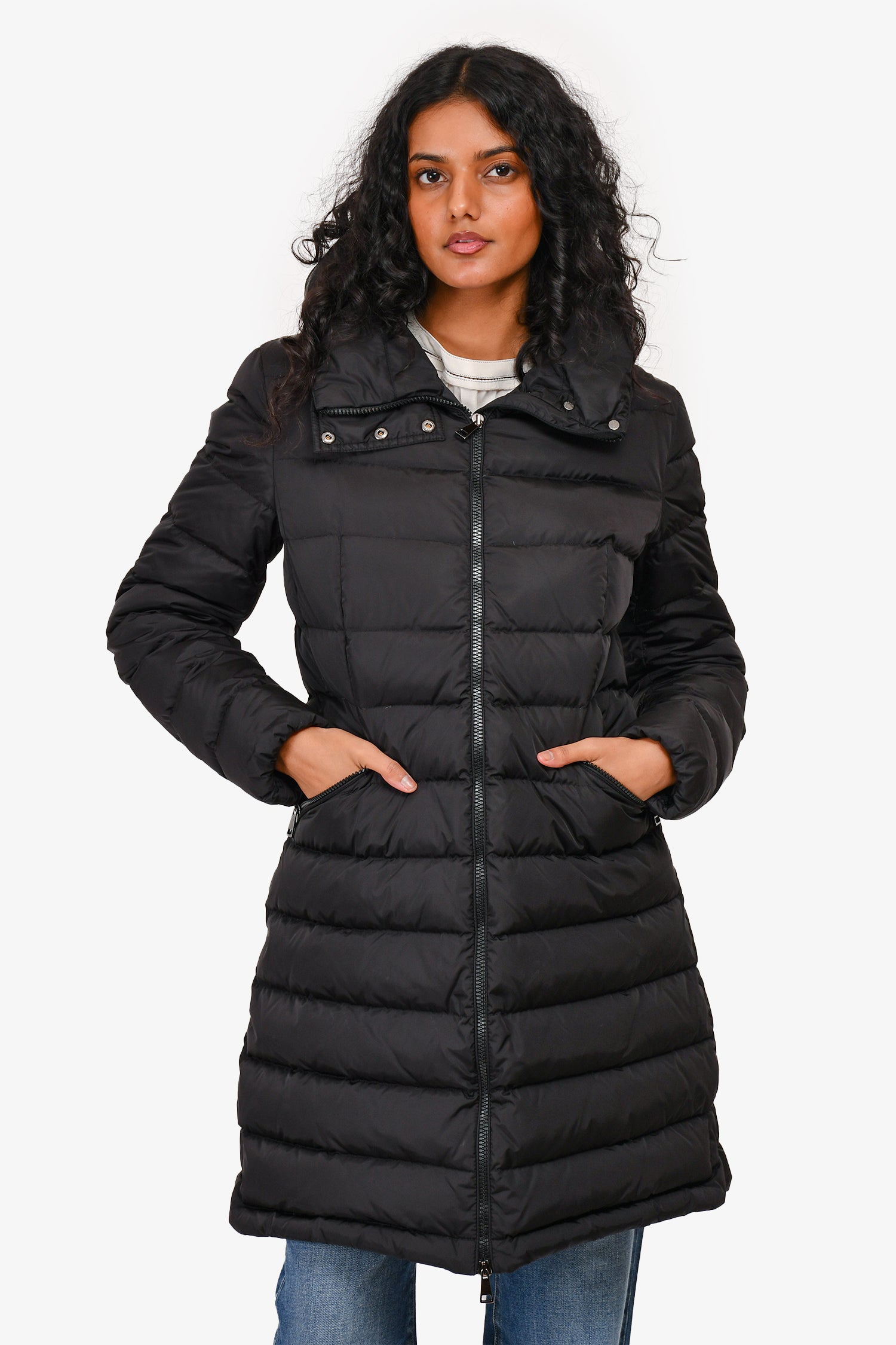 Moncler Black Quilted Mid Length 'Flammette' Down Jacket Size 2