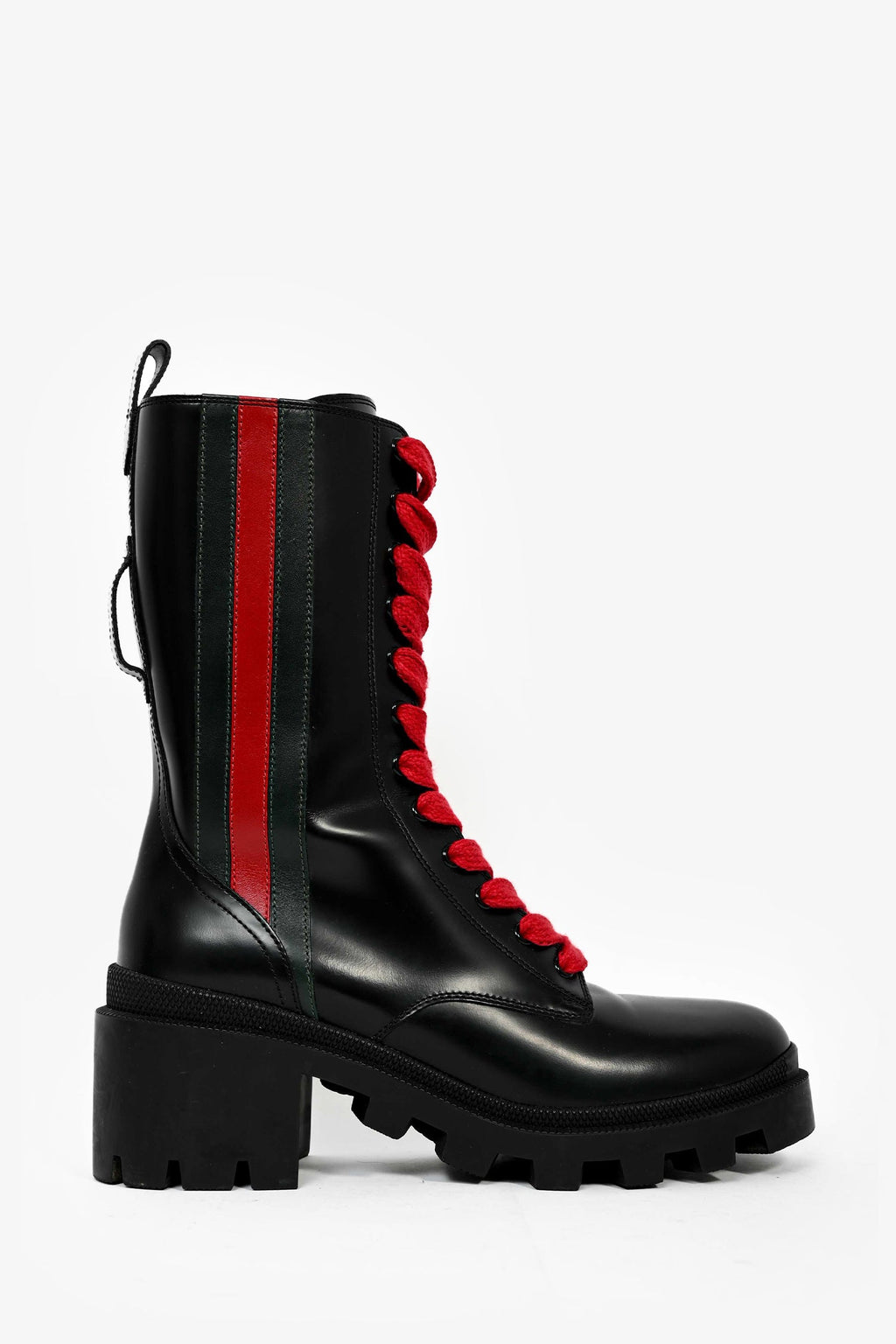 Gucci Black Leather Web Striped Heeled Combat Boots Size 38