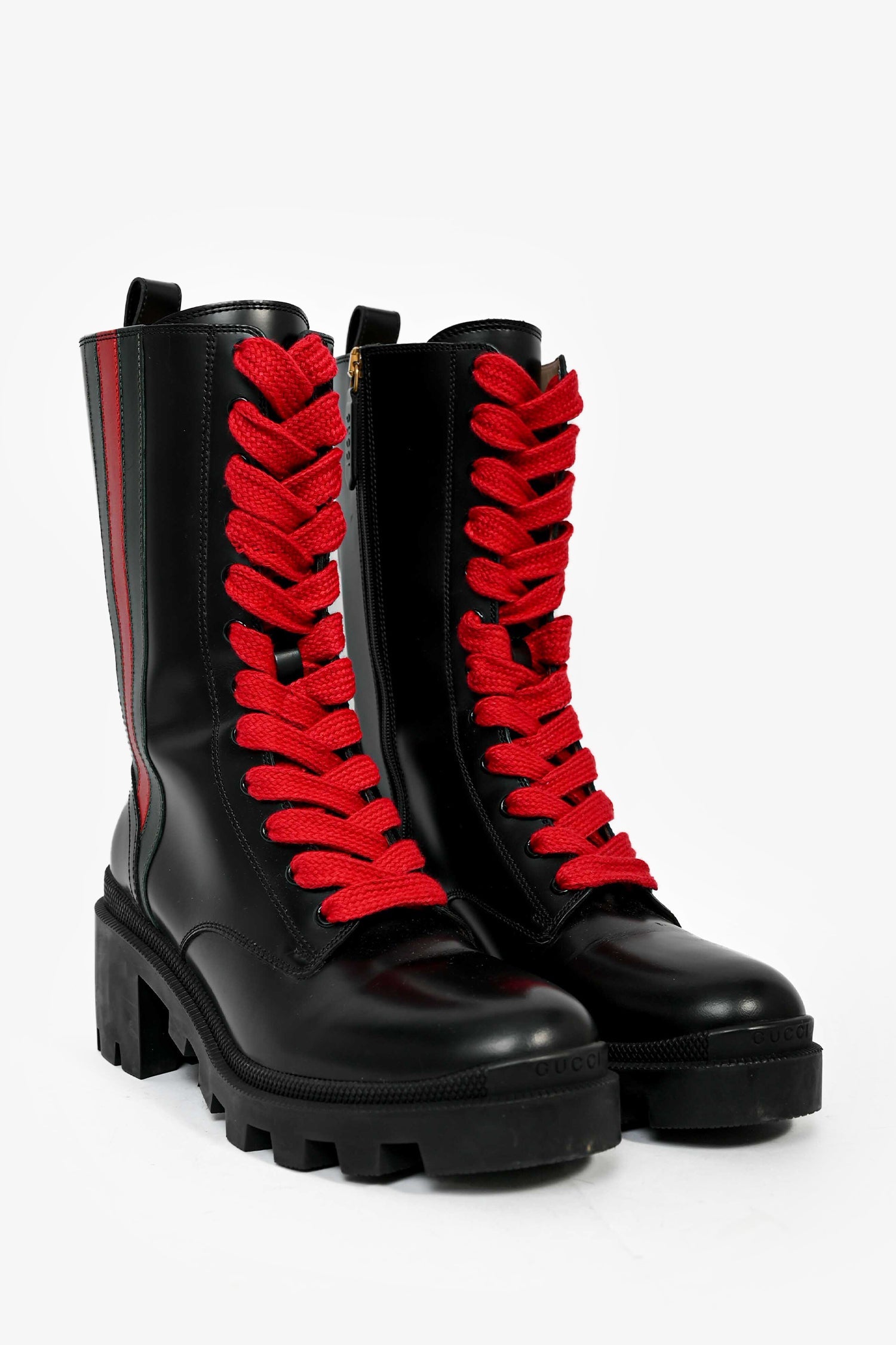Gucci Black Leather Web Striped Heeled Combat Boots Size 38