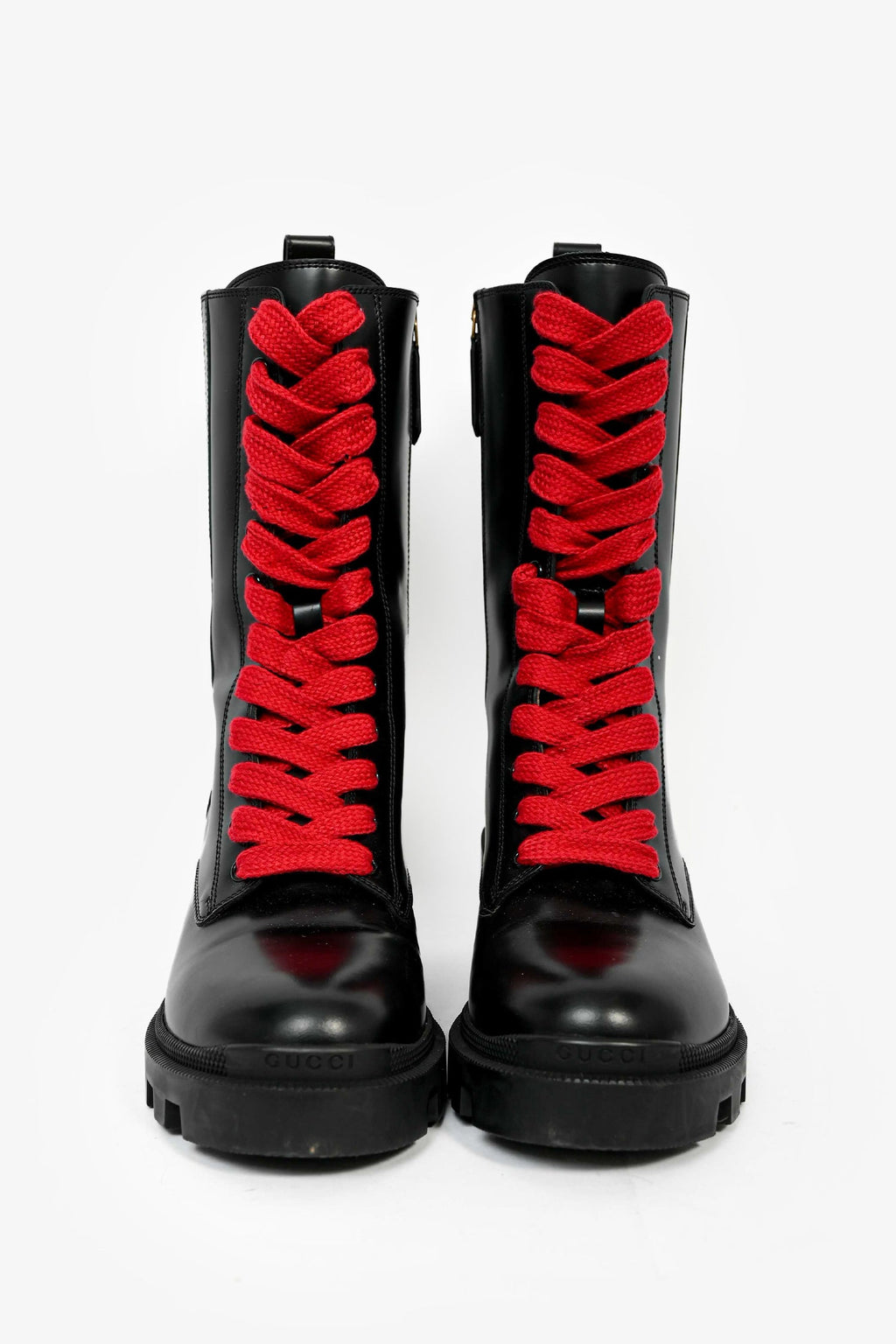 Gucci Black Leather Web Striped Heeled Combat Boots Size 38