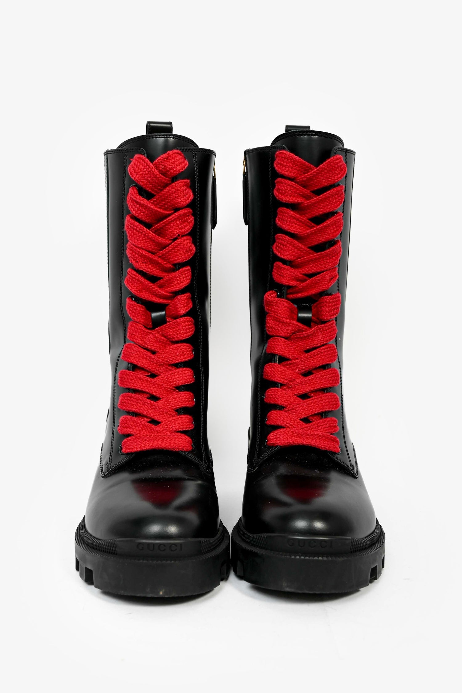 Gucci Black Leather Web Striped Heeled Combat Boots Size 38