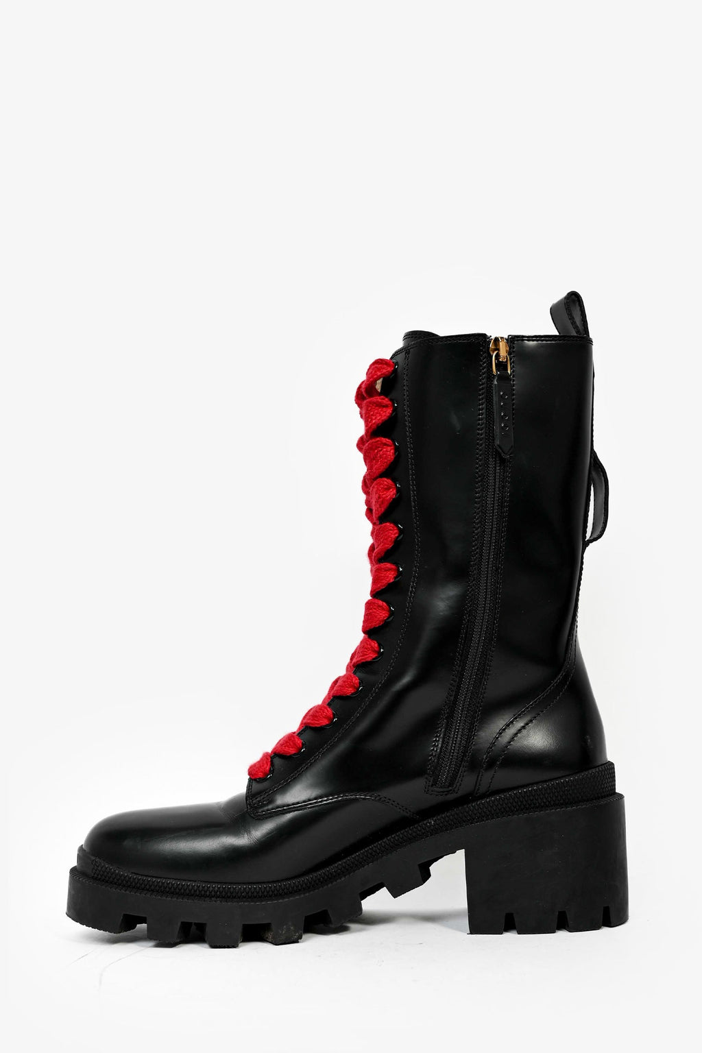 Gucci Black Leather Web Striped Heeled Combat Boots Size 38
