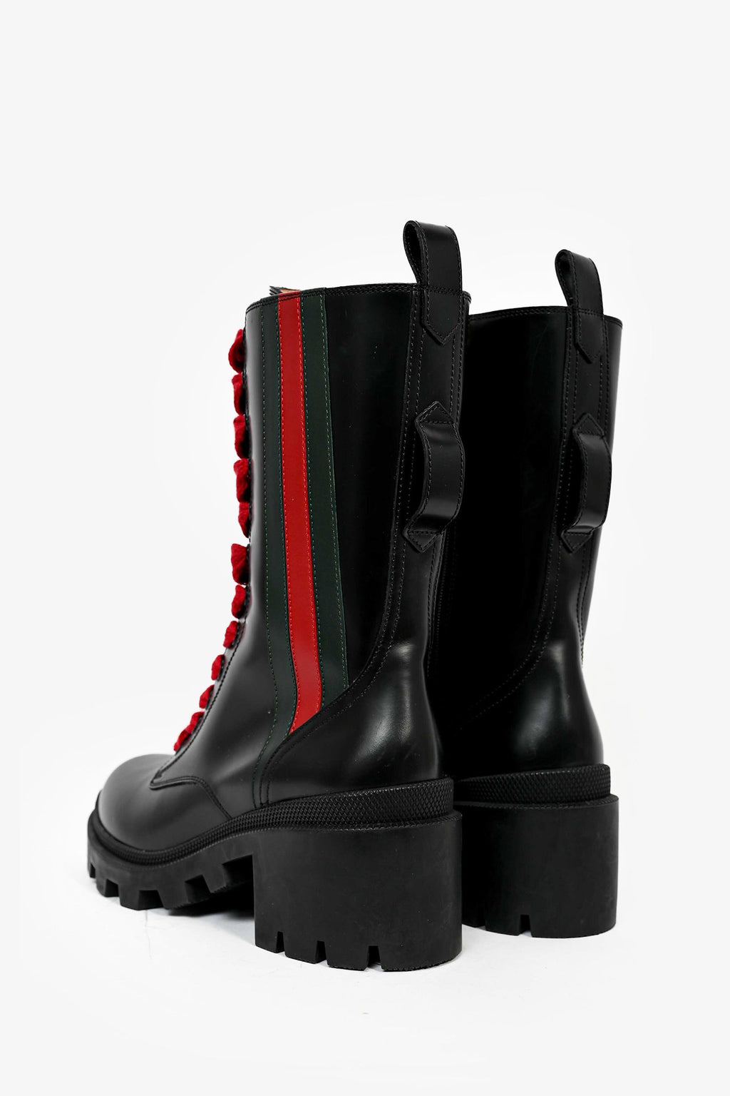 Gucci Black Leather Web Striped Heeled Combat Boots Size 38