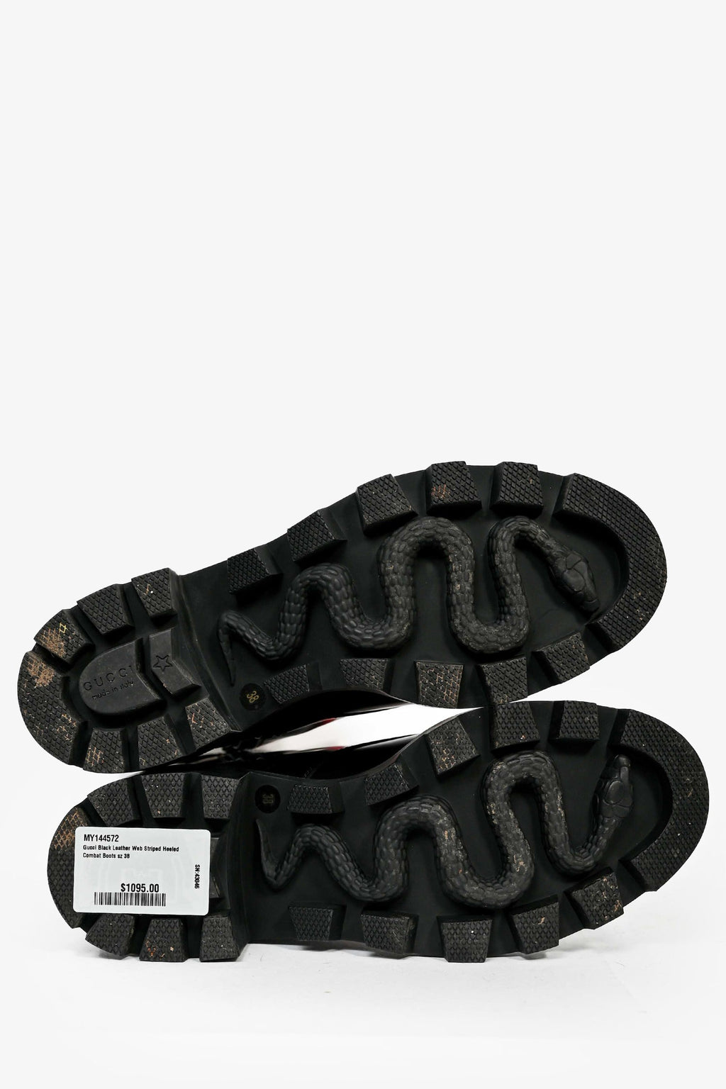 Gucci Black Leather Web Striped Heeled Combat Boots Size 38
