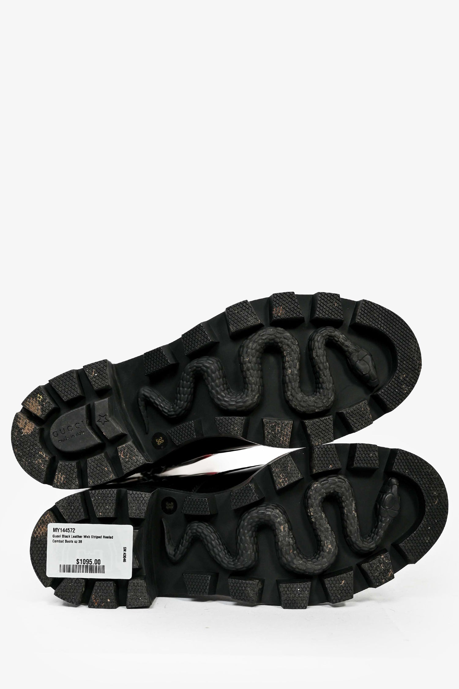 Gucci Black Leather Web Striped Heeled Combat Boots Size 38