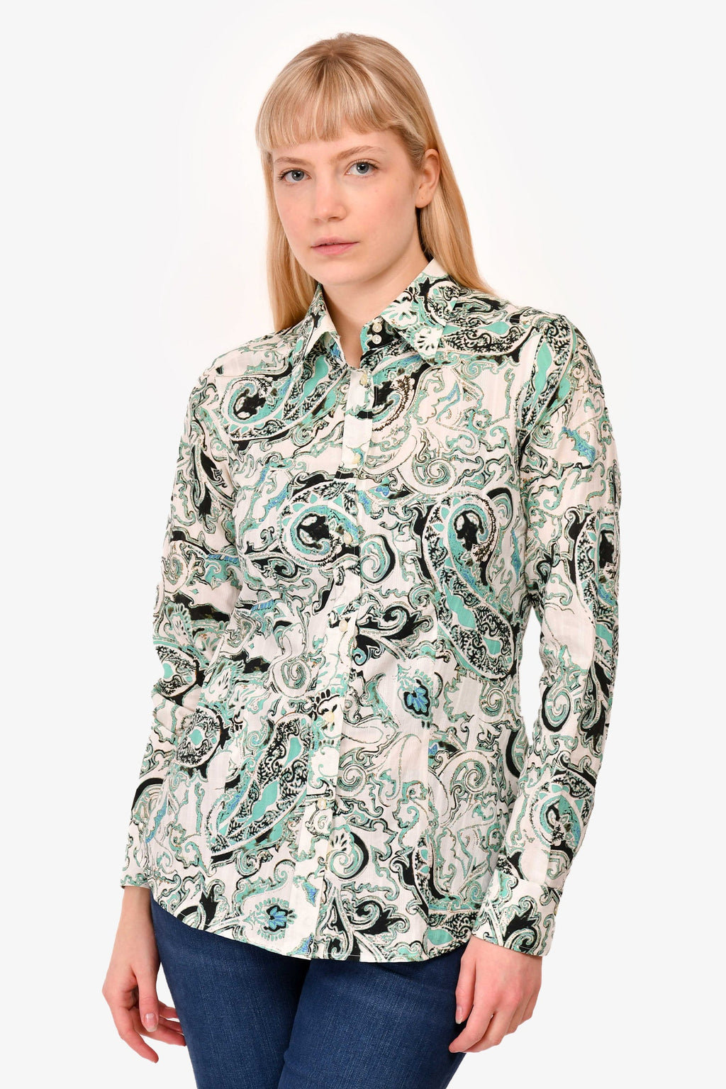 Etro Teal/White Printed Button Down Shirt Size 42