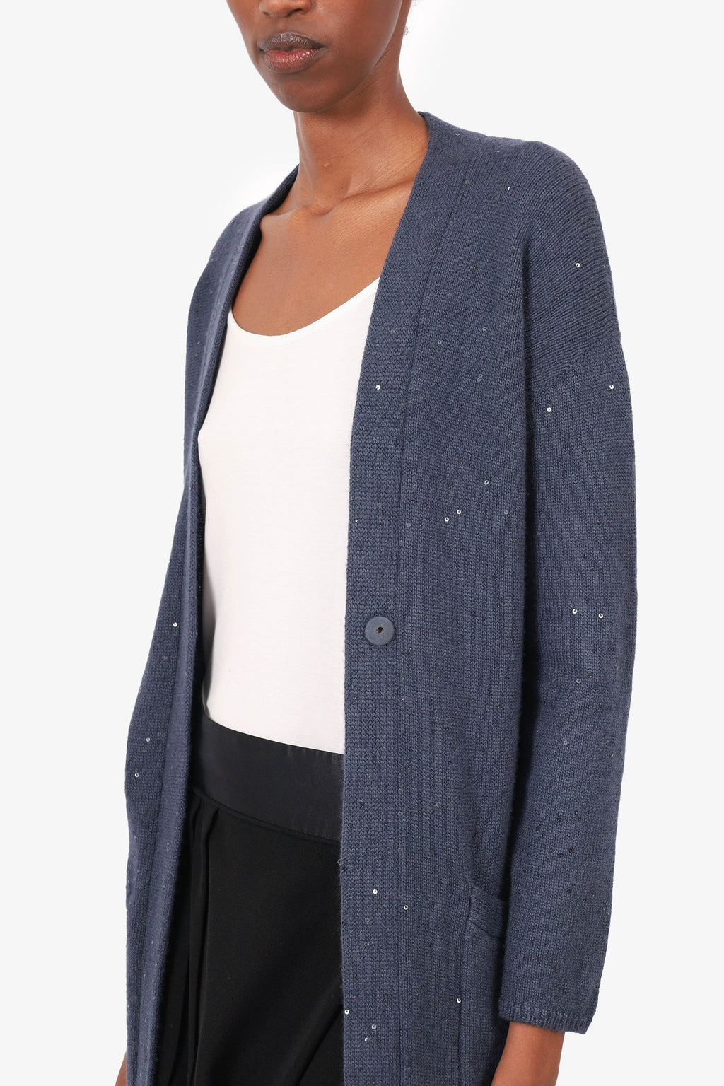 Brunello Cucinelli Blue Cashmere/Silk Sequin Embellished  Long igan Size S