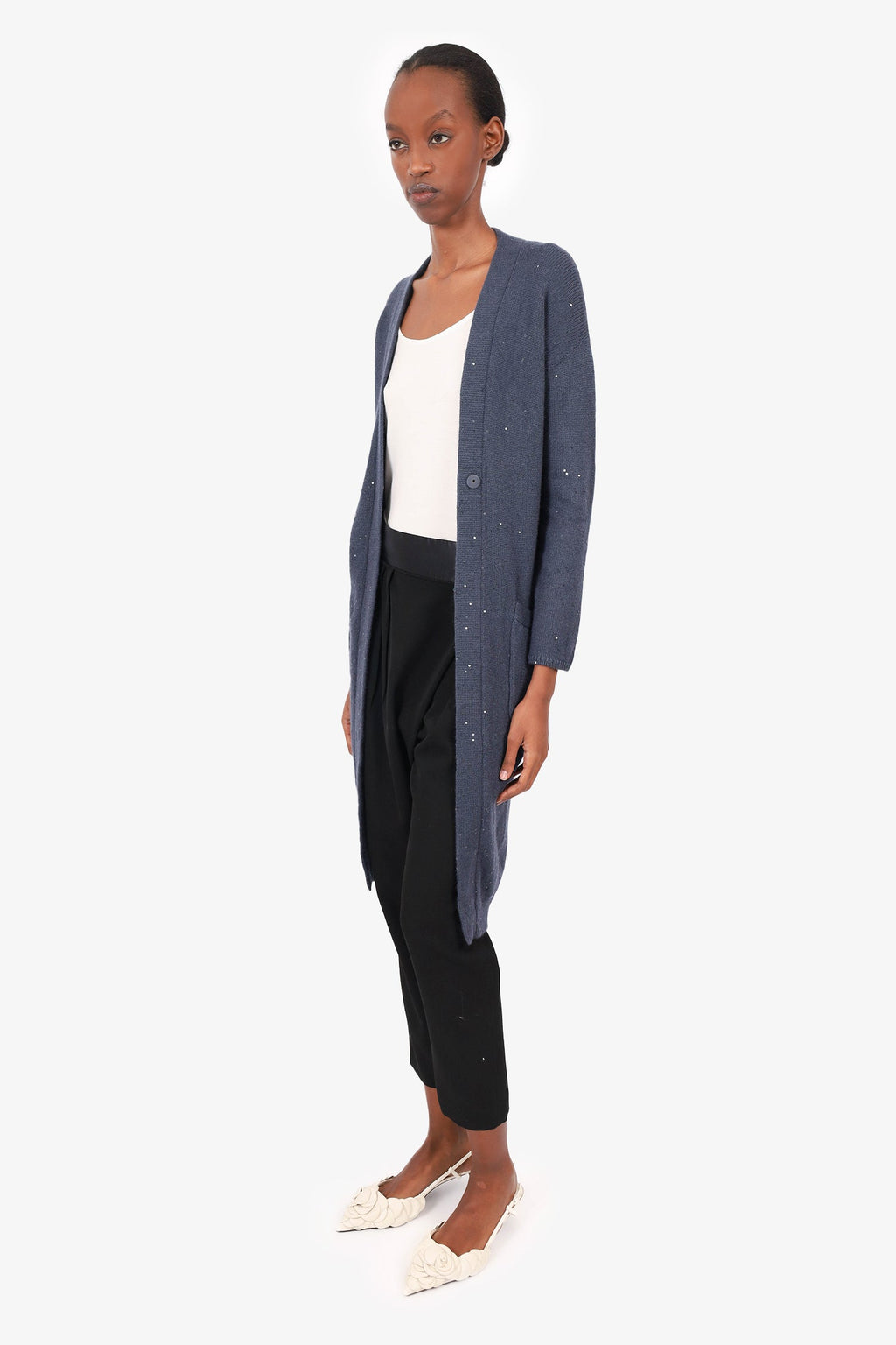 Brunello Cucinelli Blue Cashmere/Silk Sequin Embellished  Long igan Size S
