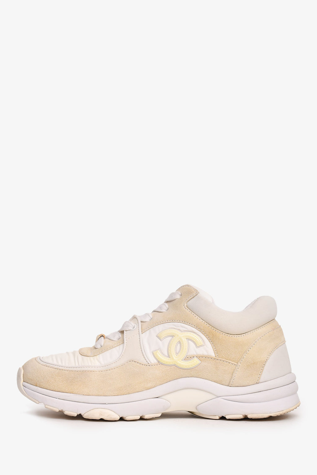 Pre-Loved Chanel™ White Suede/Leather CC Sneakers Size 36