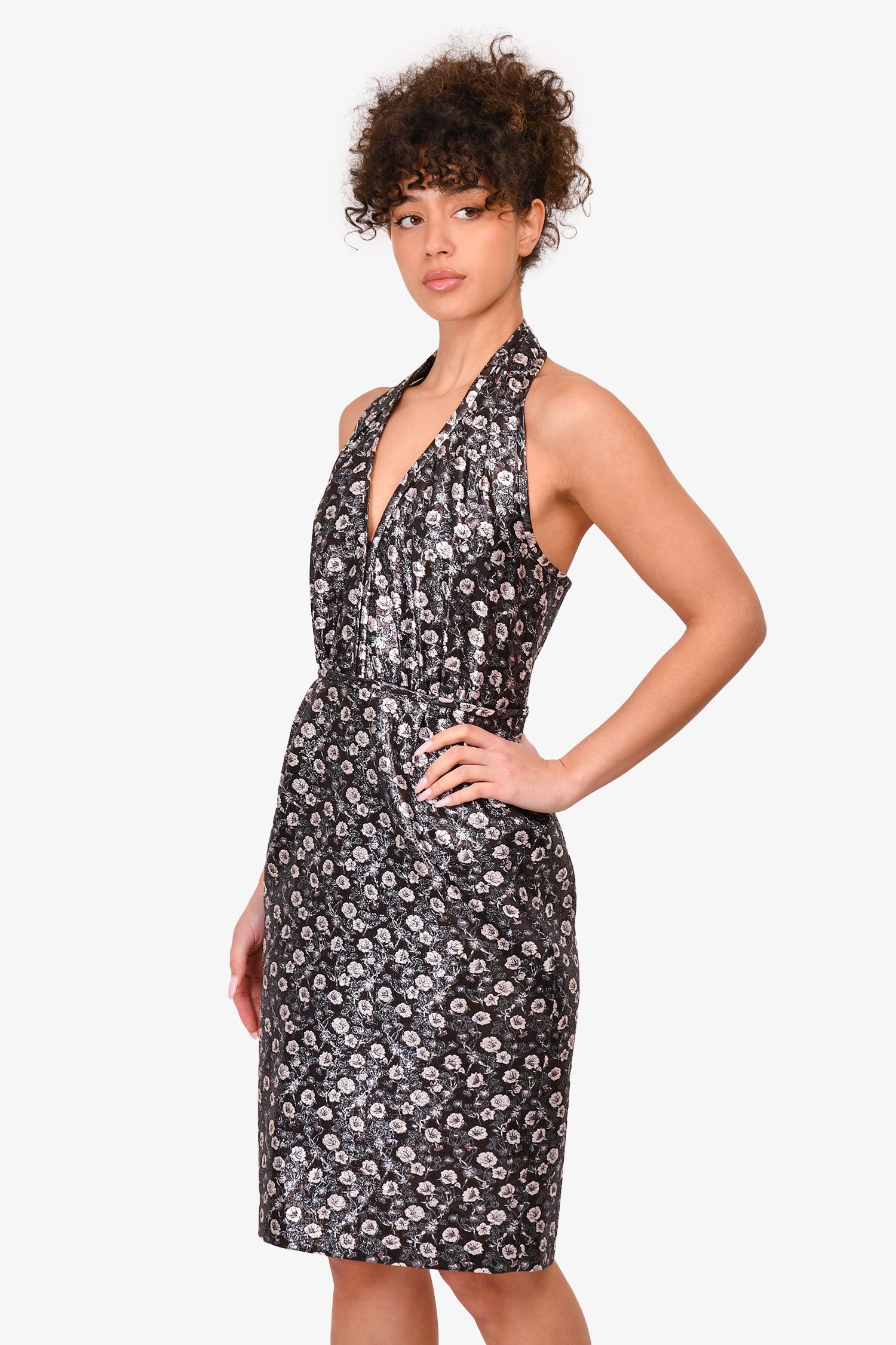Prada Black Metallic Floral Halter Mini Dress Size 40