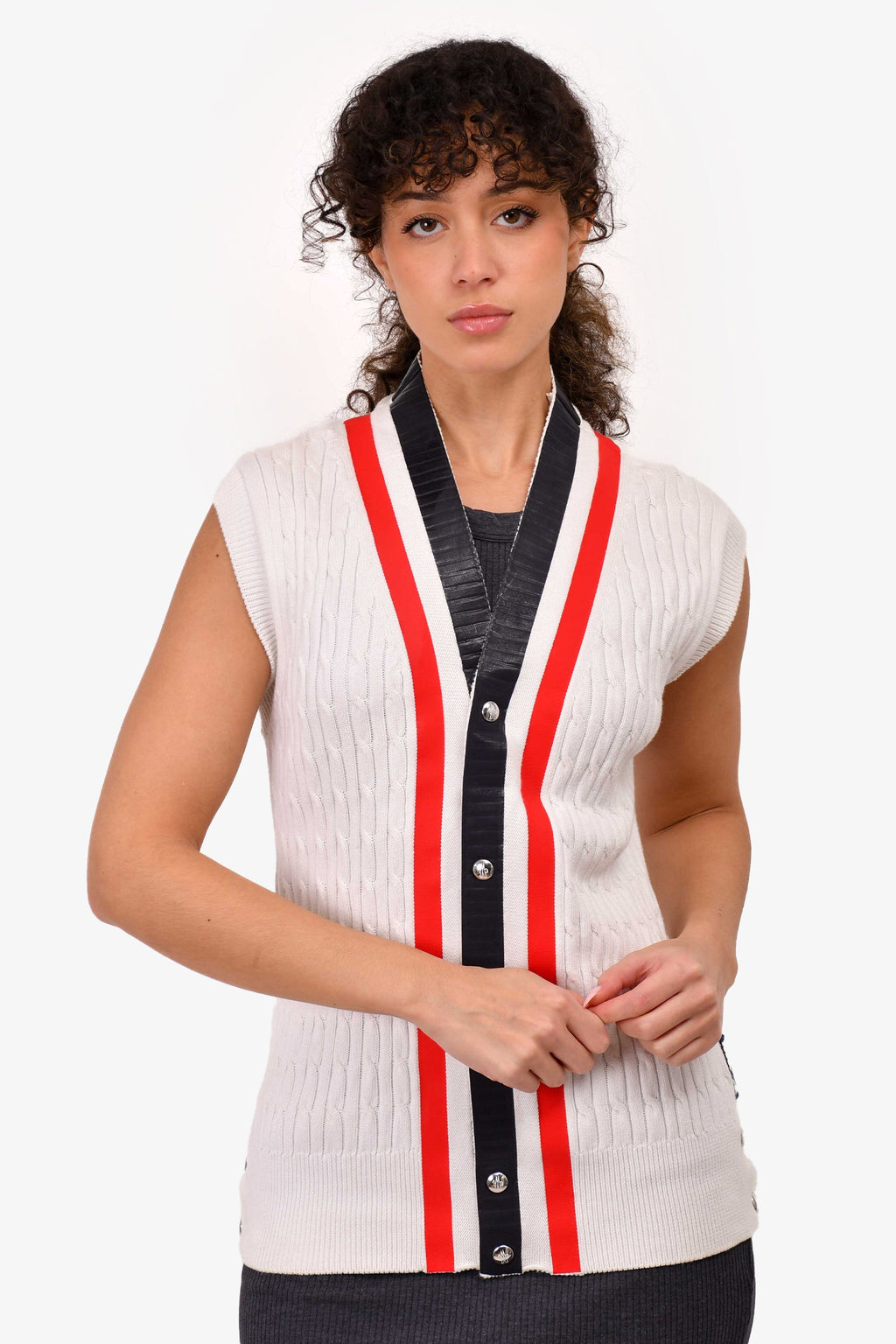 Moncler White Cable Knit Maglione Button Up Vest igan Size L