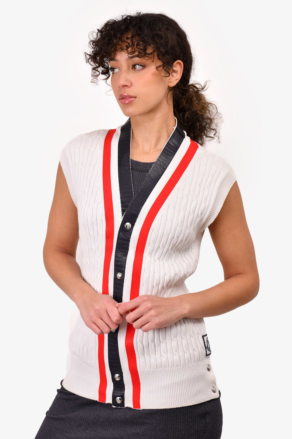 Moncler White Cable Knit Maglione Button Up Vest igan Size L