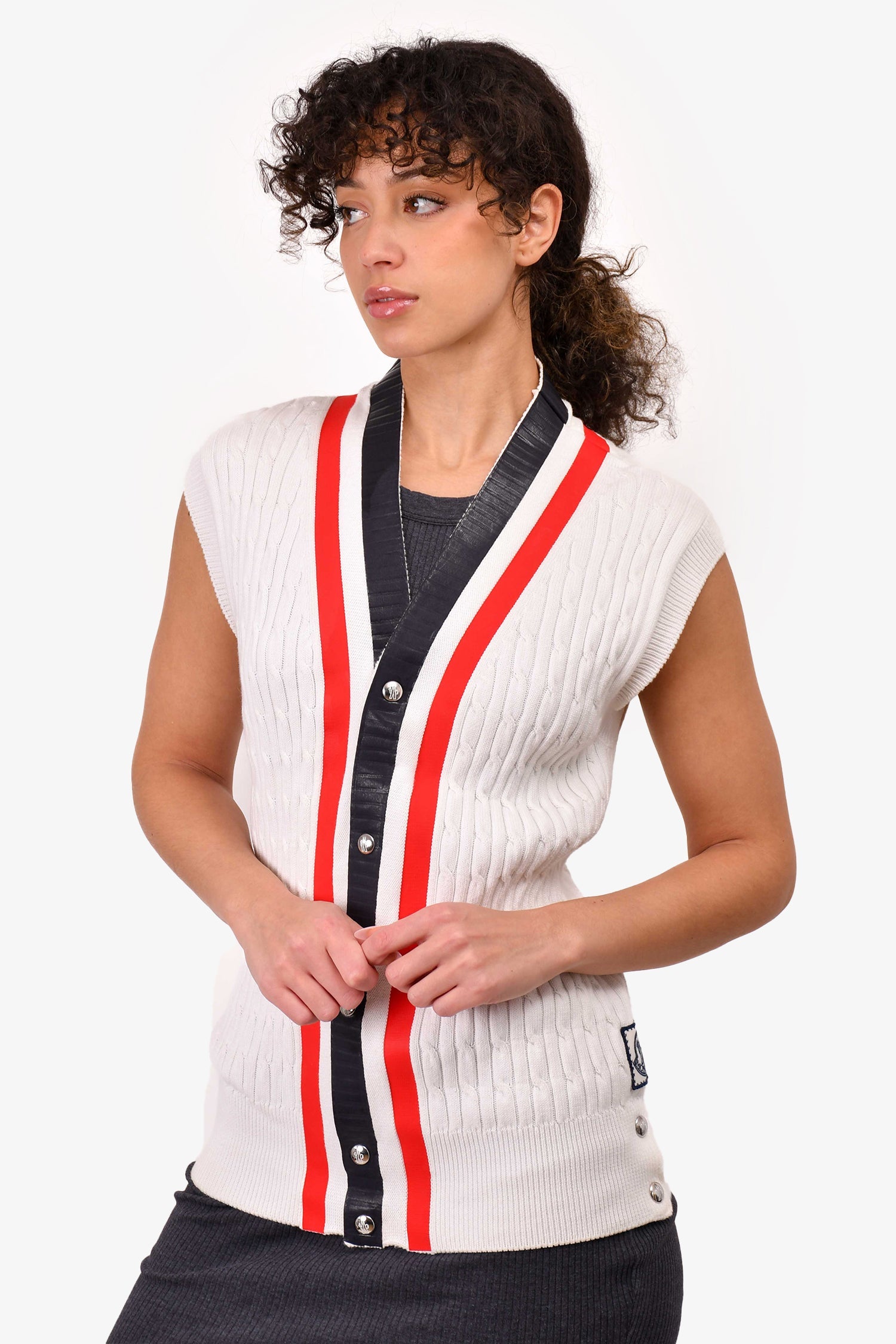 Moncler White Cable Knit Maglione Button Up Vest igan Size L