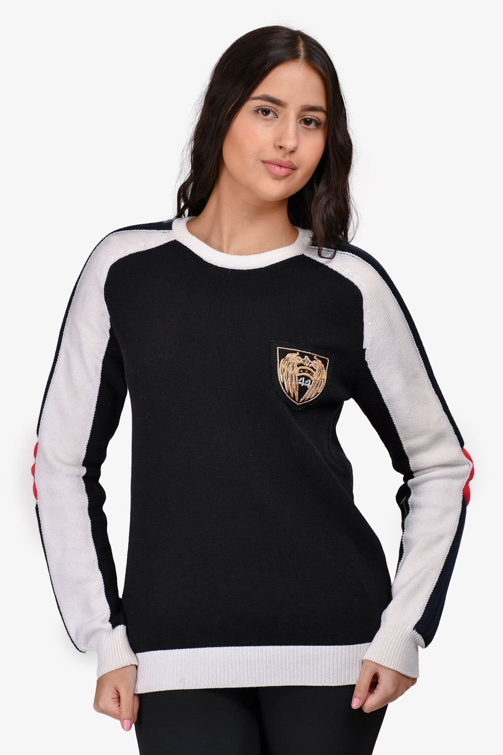 Balmain Black/White Embroidered Patch Sleeve Padded Sweater Size L