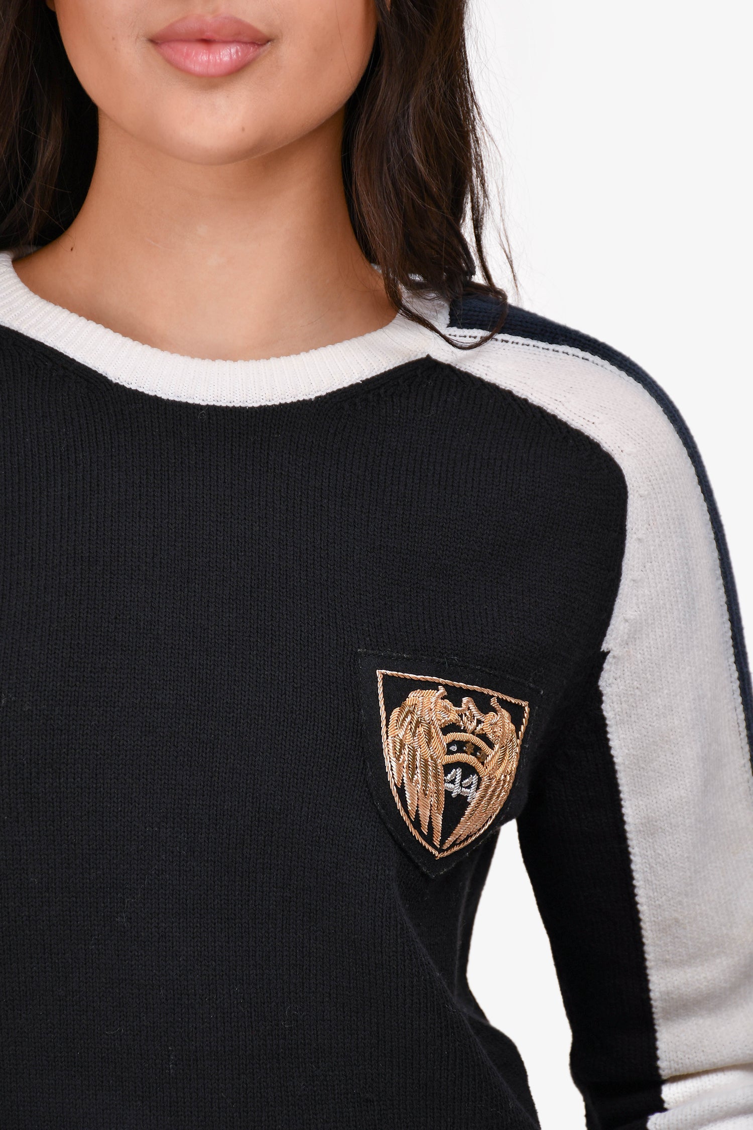 Balmain Black/White Embroidered Patch Sleeve Padded Sweater Size L