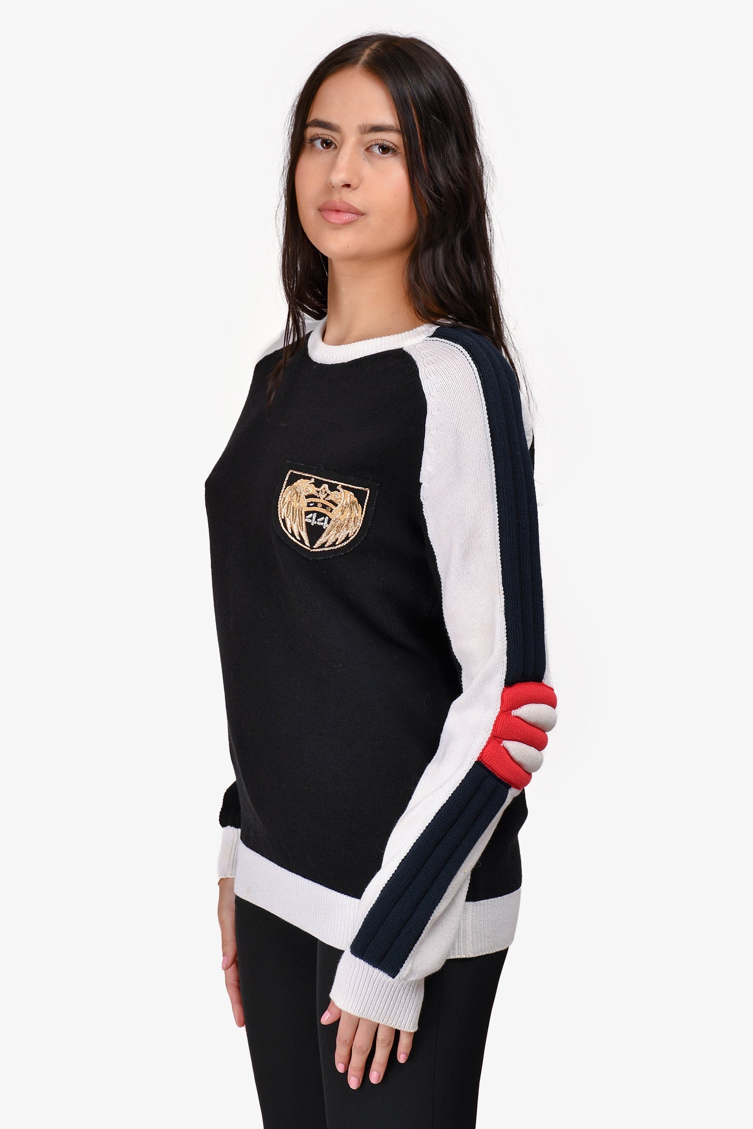 Balmain Black/White Embroidered Patch Sleeve Padded Sweater Size L