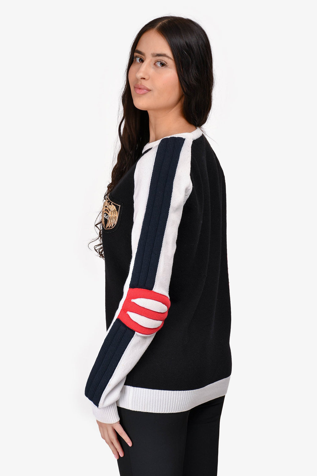 Balmain Black/White Embroidered Patch Sleeve Padded Sweater Size L