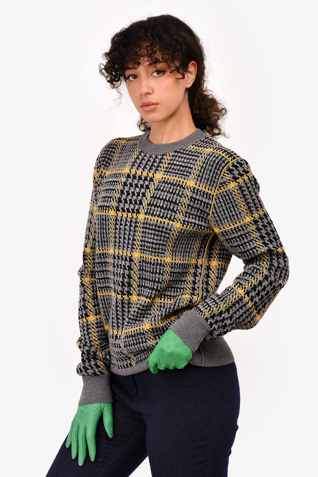 Christian Dior Grey/Yellow Wool Houndstooth Patterned Sweater Size S