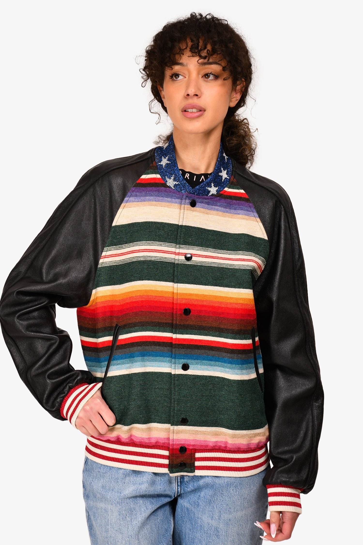 Saint Laurent 2015 Black/Multicoloured Wool Dinosaur Patched Baseball Jacket Size 50 Mens