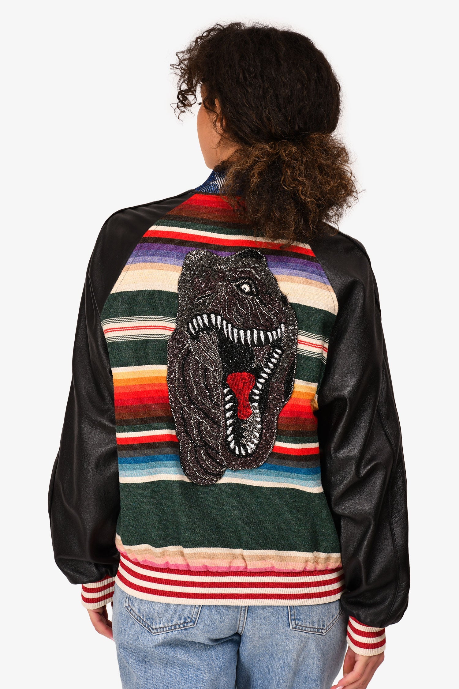 Saint Laurent 2015 Black/Multicoloured Wool Dinosaur Patched Baseball Jacket Size 50 Mens