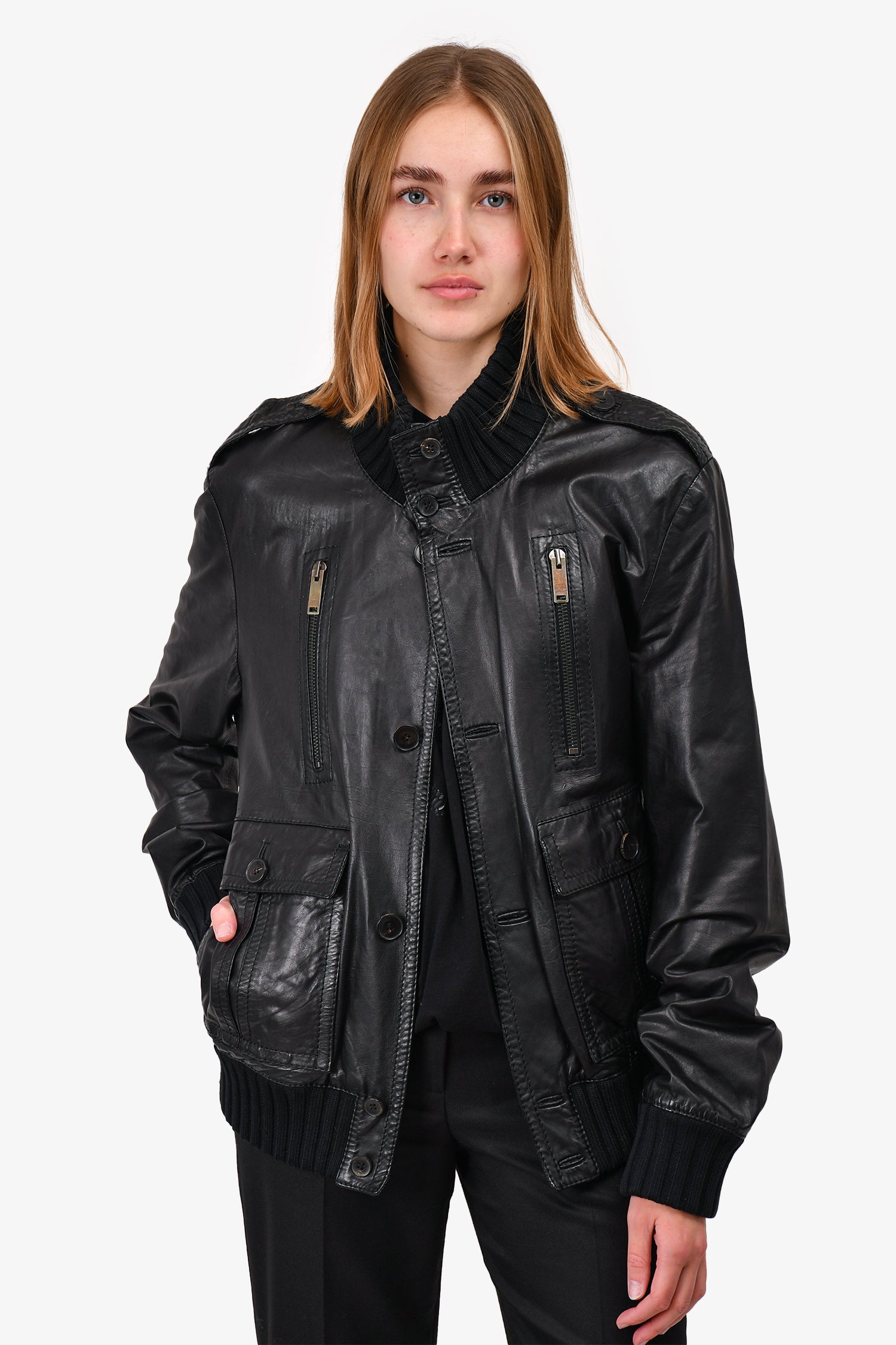 Gucci Black Leather Pocket Zip Detailed Bomber Jacket Size 56 Mens