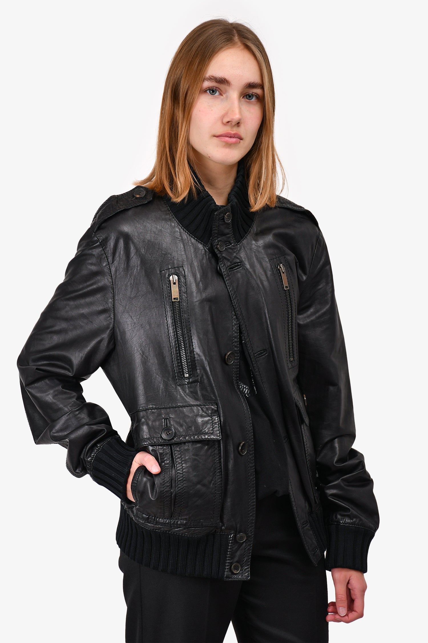 Gucci Black Leather Pocket Zip Detailed Bomber Jacket Size 56 Mens