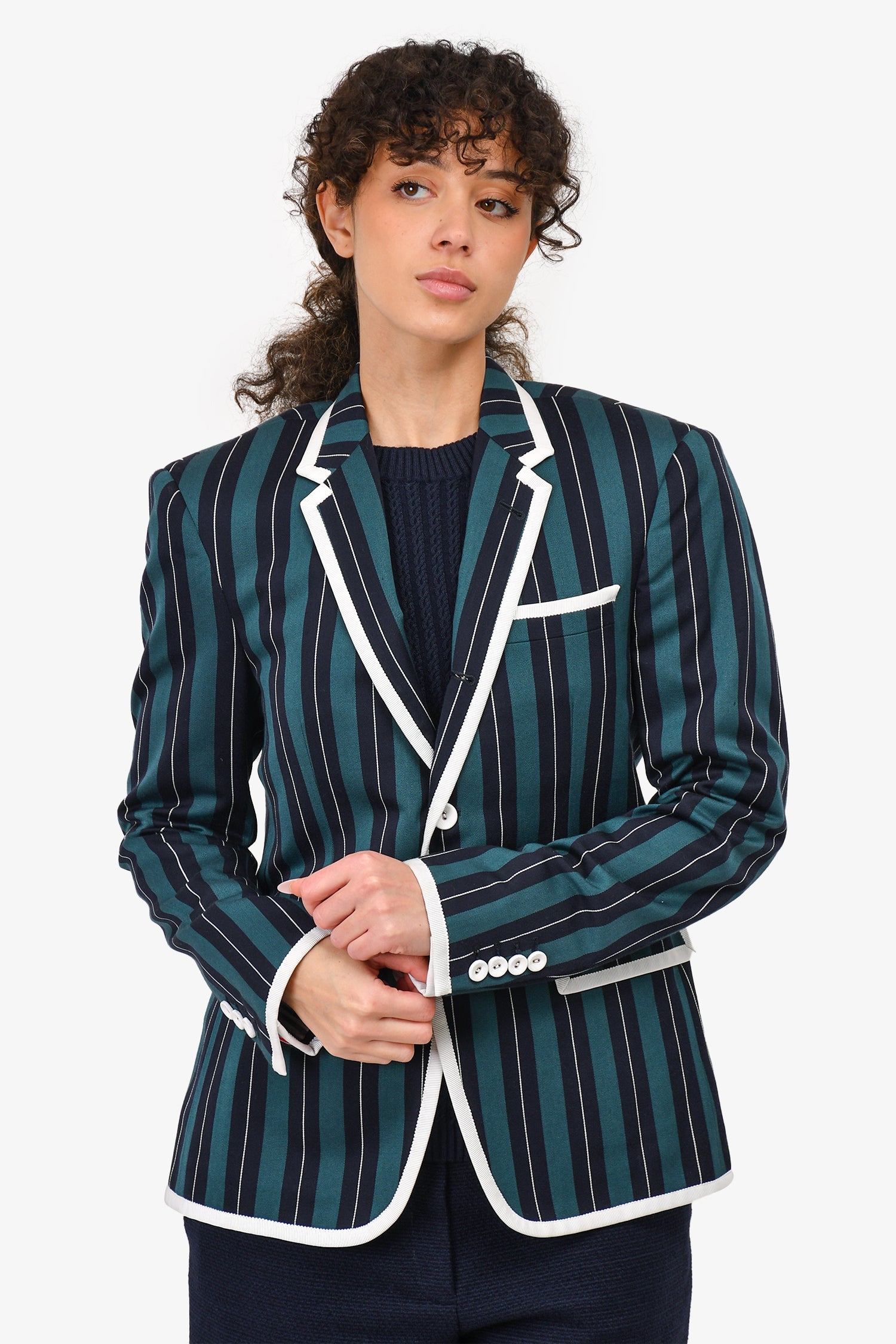 Thom Browne Green/Navy Striped Trim Detailed Blazer Jacket Size 2 Men