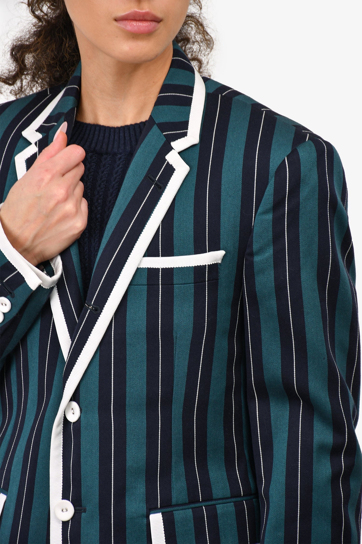 Thom Browne Green/Navy Striped Trim Detailed Blazer Jacket Size 2 Men