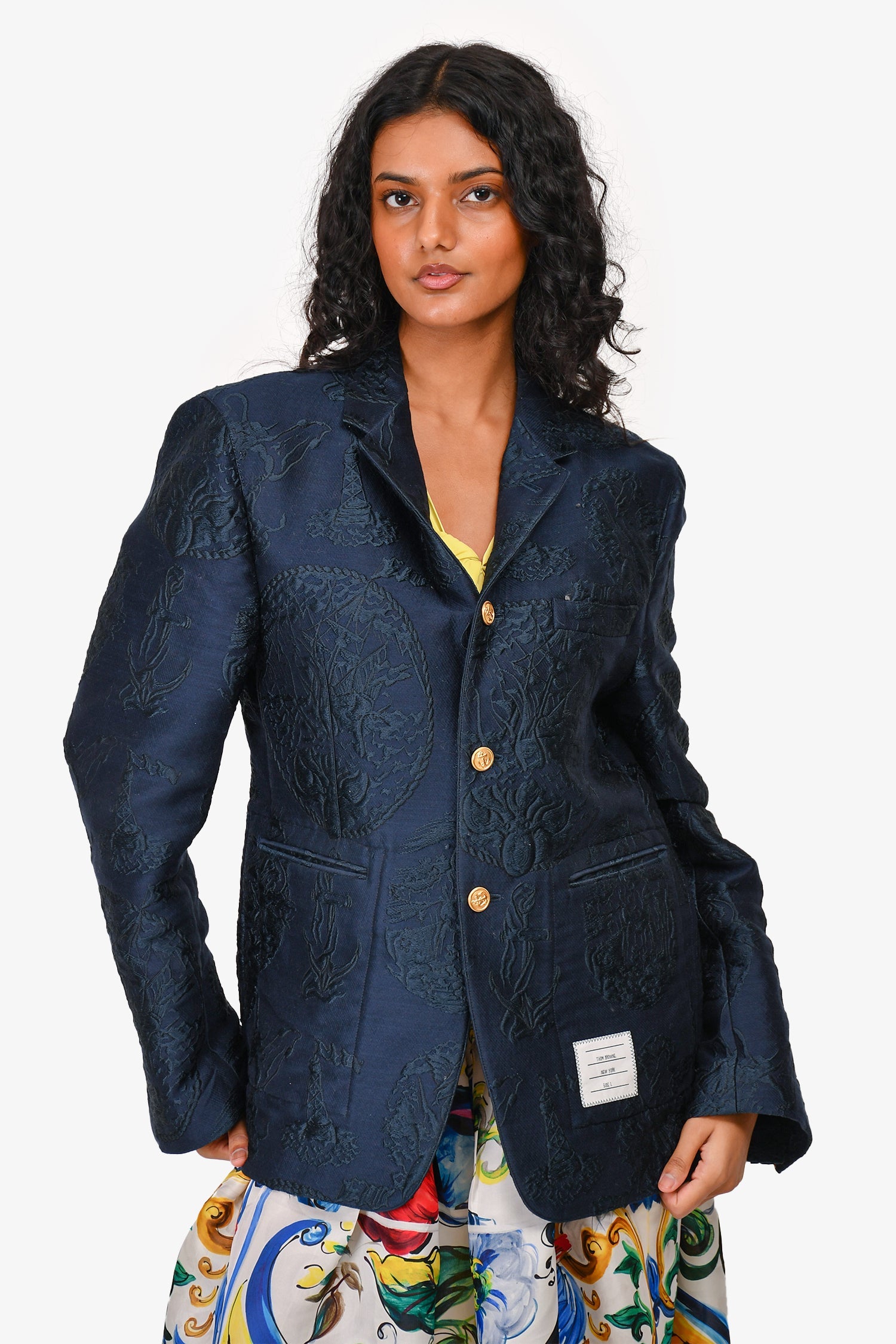 Thom Browne Navy Embroidered Patterened Blazer Jacket L Size Men