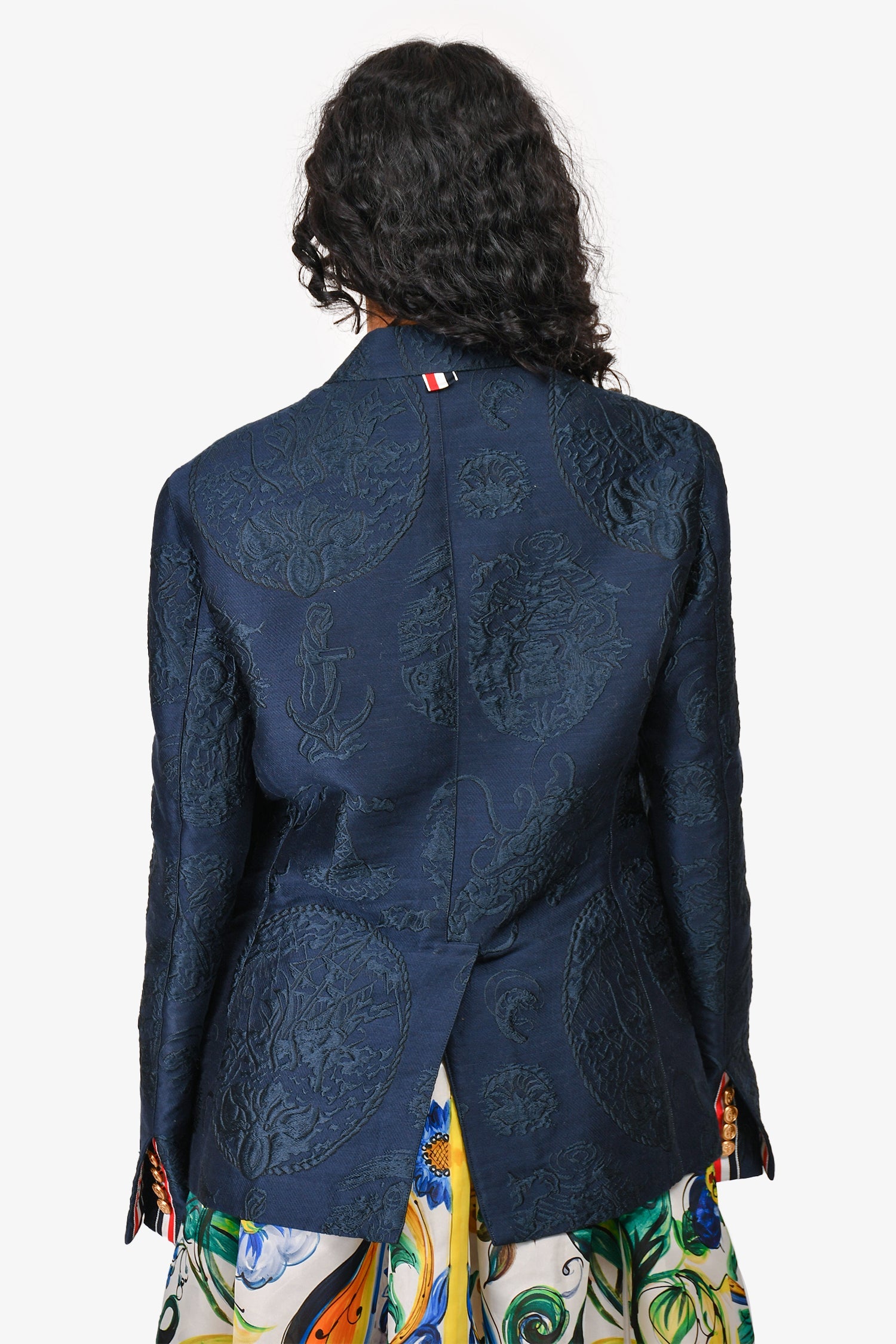 Thom Browne Navy Embroidered Patterened Blazer Jacket L Size Men