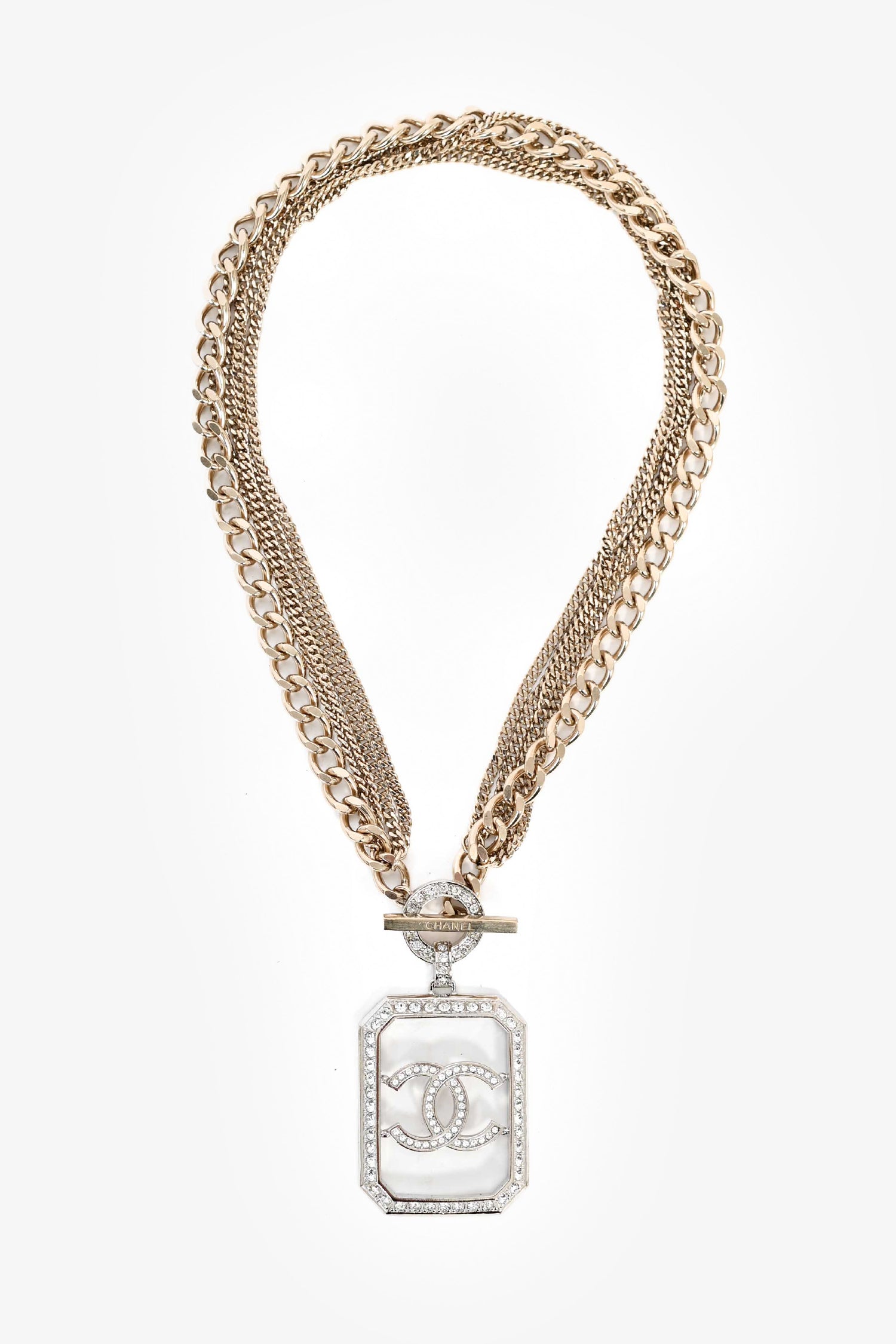 Pre-Loved Chanel™ 2018 Gold Toned Multi-strand Chain Crystal Embellished CC Pendant Necklace