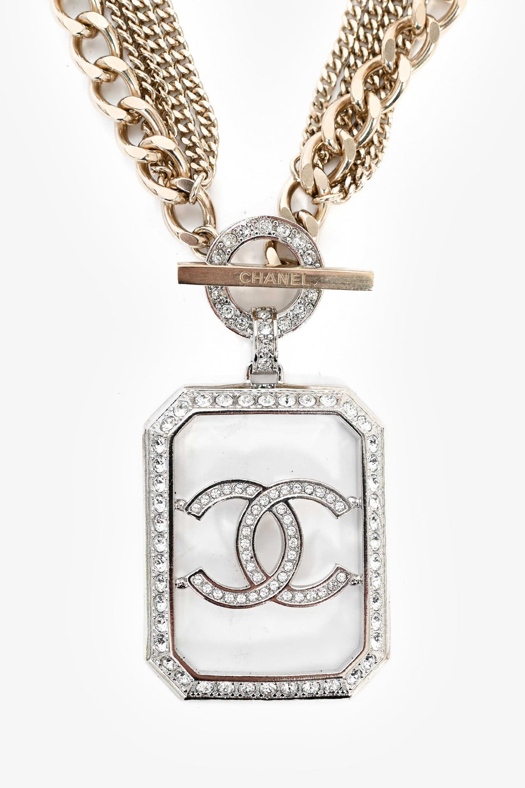 Pre-Loved Chanel™ 2018 Gold Toned Multi-strand Chain Crystal Embellished CC Pendant Necklace