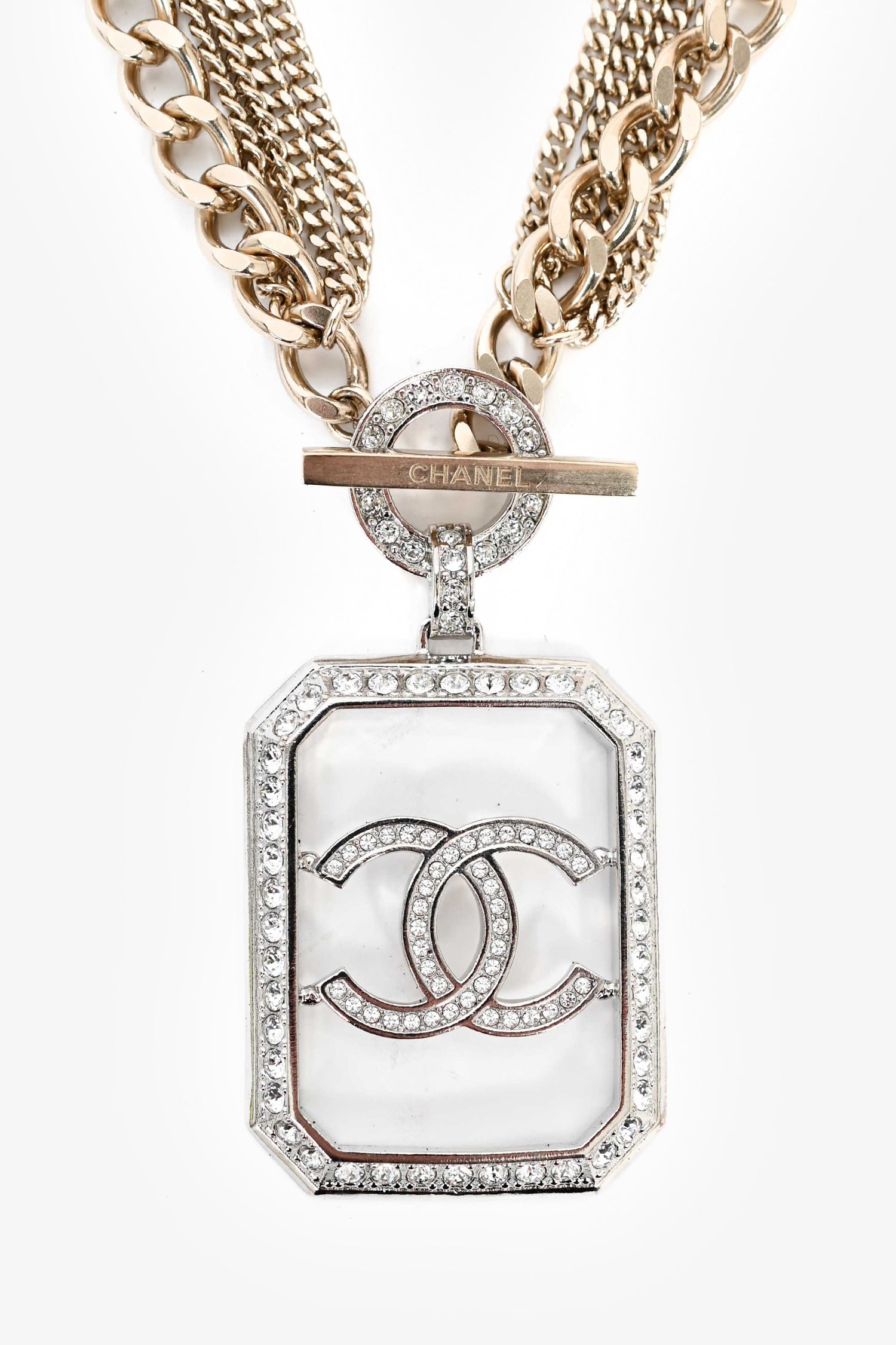 Pre-Loved Chanel™ 2018 Gold Toned Multi-strand Chain Crystal Embellished CC Pendant Necklace
